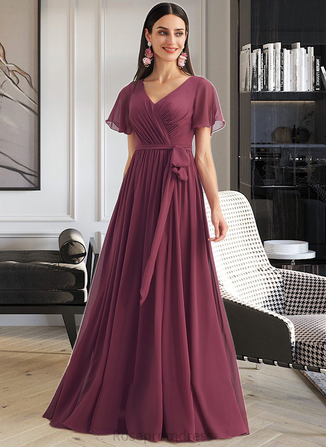 Carolina A-Line V-neck Floor-Length Bridesmaid Dress With Split Front SRSP0012829