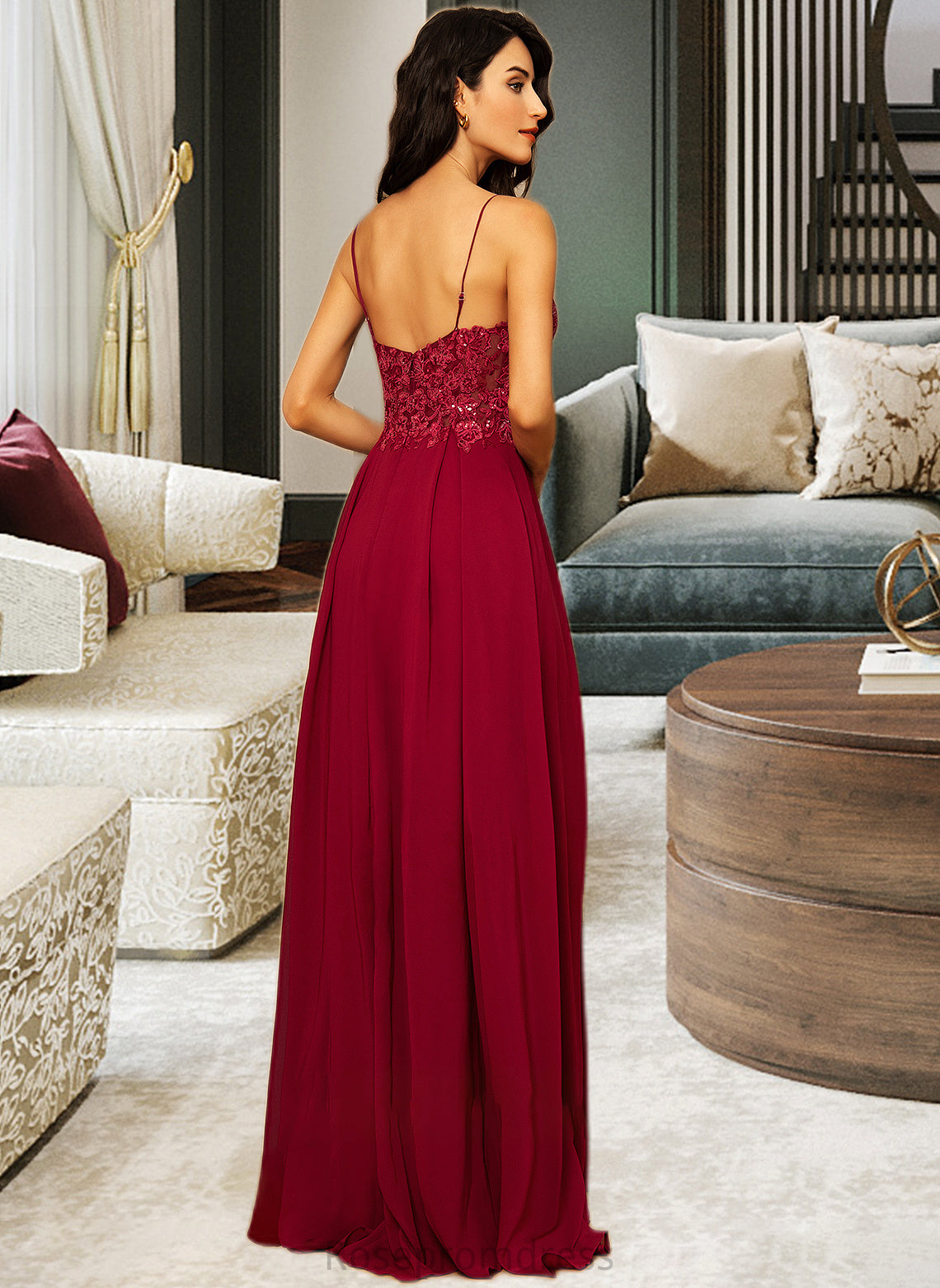 Savanna A-Line V-neck Floor-Length Chiffon Bridesmaid Dress With Lace Sequins Split Front SRSP0012830