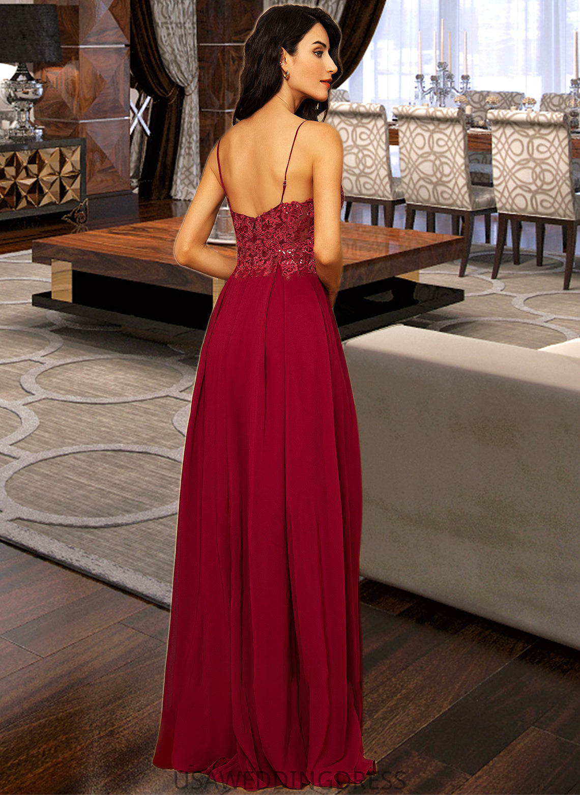 Kaylah A-Line V-neck Floor-Length Chiffon Bridesmaid Dress With Lace Sequins Split Front DSP0012830