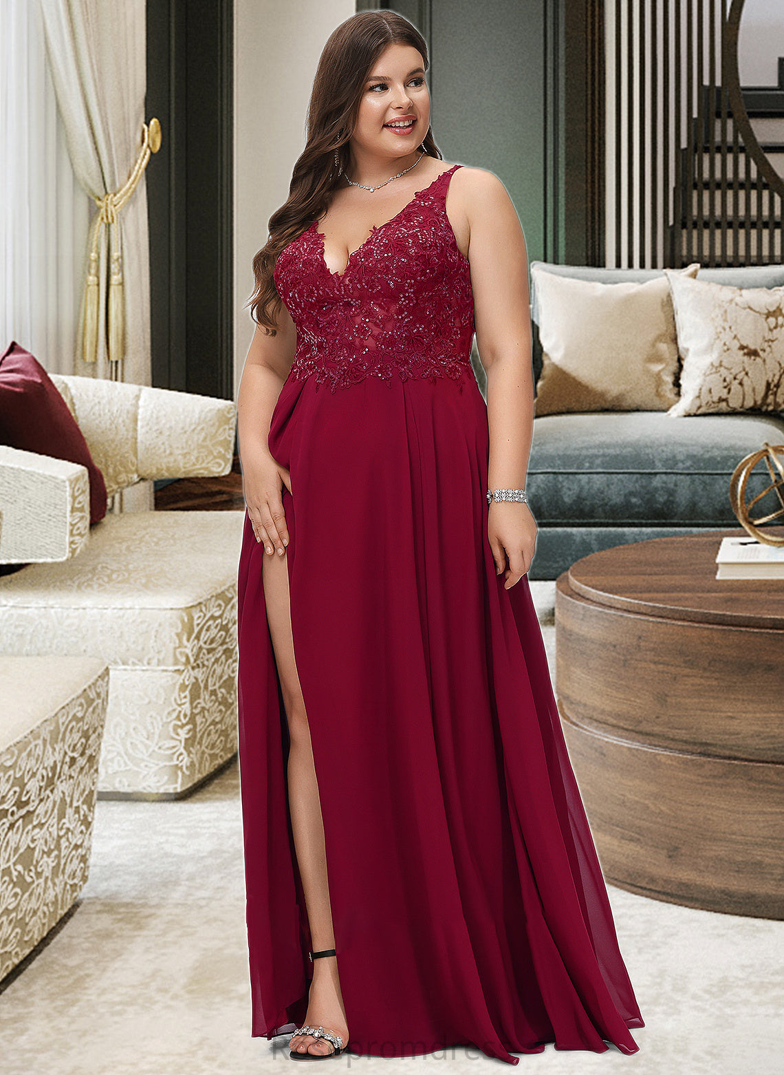 Savanna A-Line V-neck Floor-Length Chiffon Bridesmaid Dress With Lace Sequins Split Front SRSP0012830