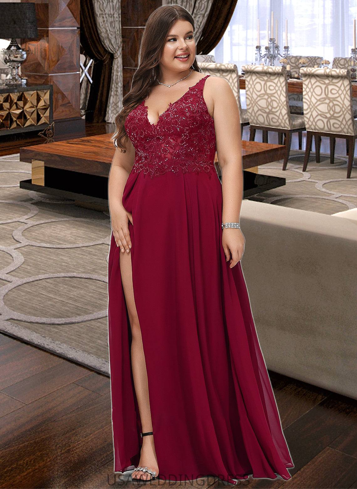 Kaylah A-Line V-neck Floor-Length Chiffon Bridesmaid Dress With Lace Sequins Split Front DSP0012830