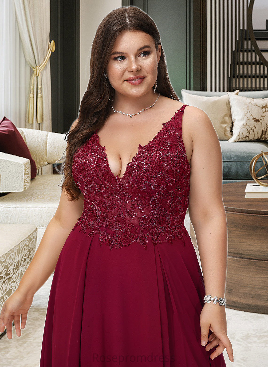 Savanna A-Line V-neck Floor-Length Chiffon Bridesmaid Dress With Lace Sequins Split Front SRSP0012830