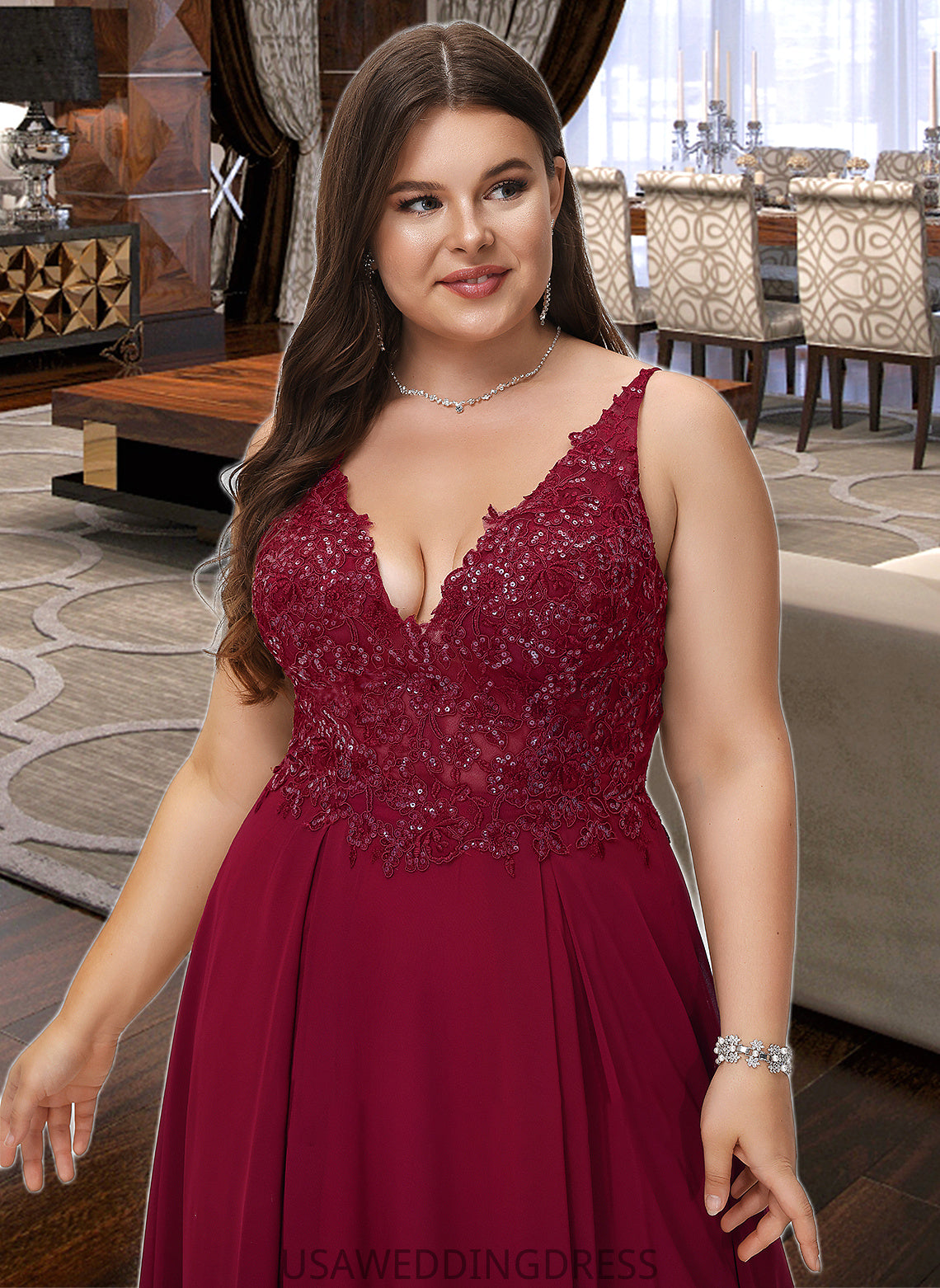 Kaylah A-Line V-neck Floor-Length Chiffon Bridesmaid Dress With Lace Sequins Split Front DSP0012830