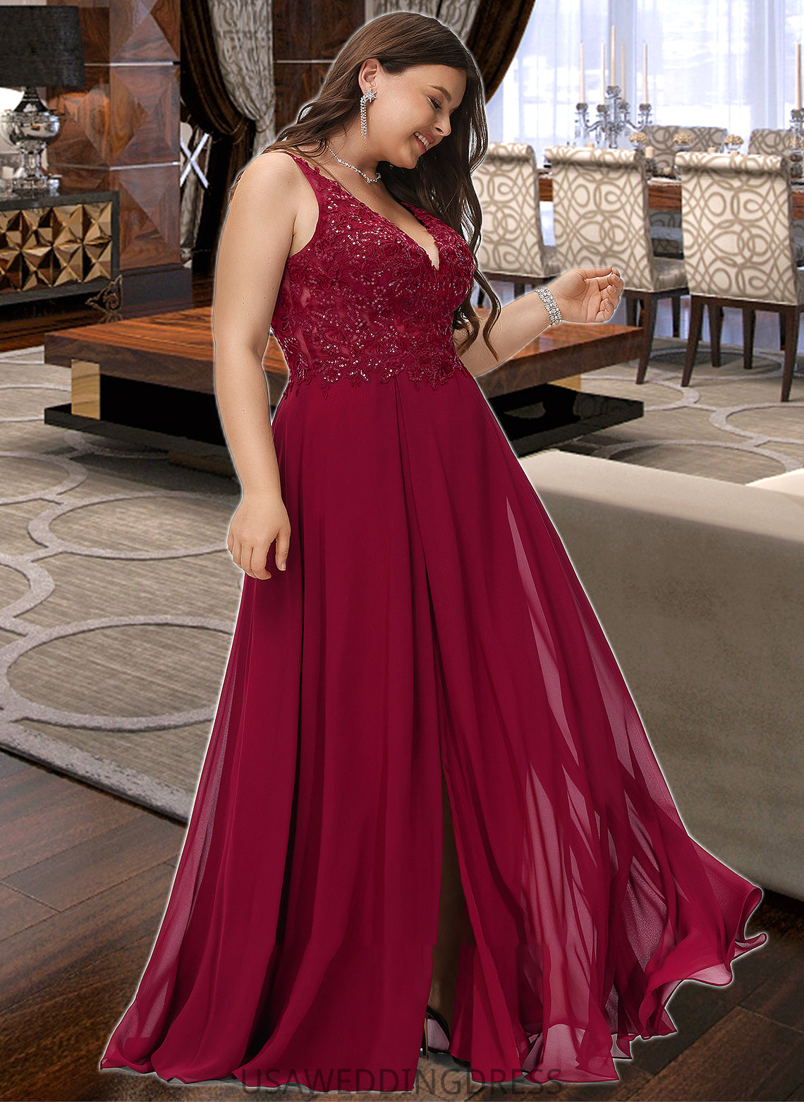 Kaylah A-Line V-neck Floor-Length Chiffon Bridesmaid Dress With Lace Sequins Split Front DSP0012830