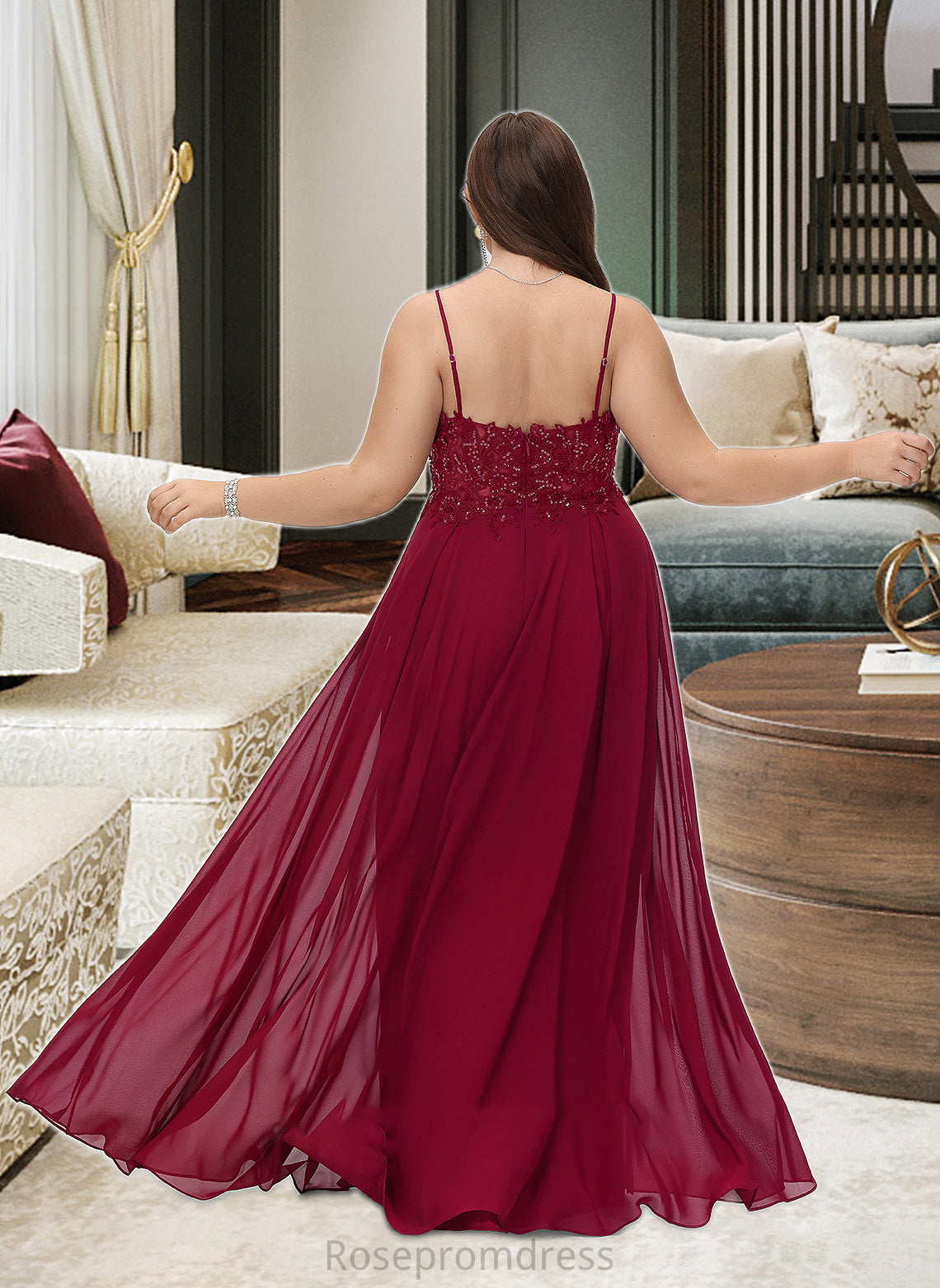 Savanna A-Line V-neck Floor-Length Chiffon Bridesmaid Dress With Lace Sequins Split Front SRSP0012830