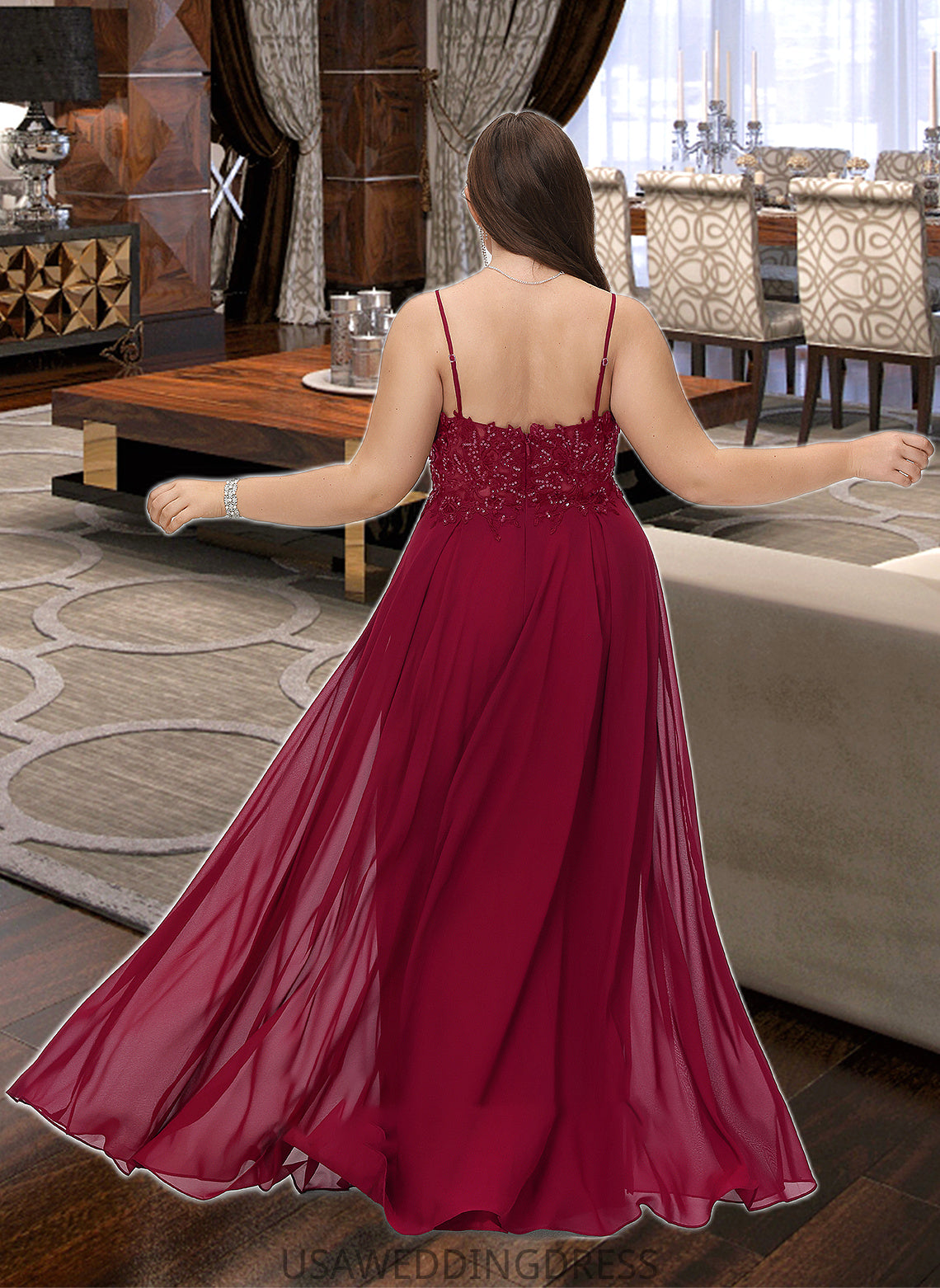 Kaylah A-Line V-neck Floor-Length Chiffon Bridesmaid Dress With Lace Sequins Split Front DSP0012830