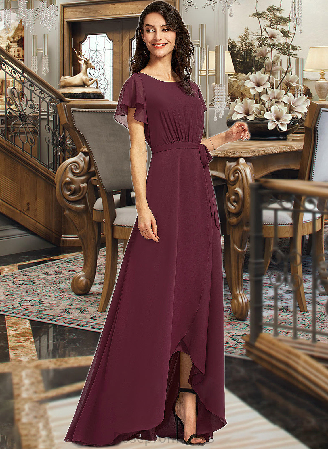 Zara A-Line Scoop Neck Asymmetrical Bridesmaid Dress With Ruffle SRSP0012831