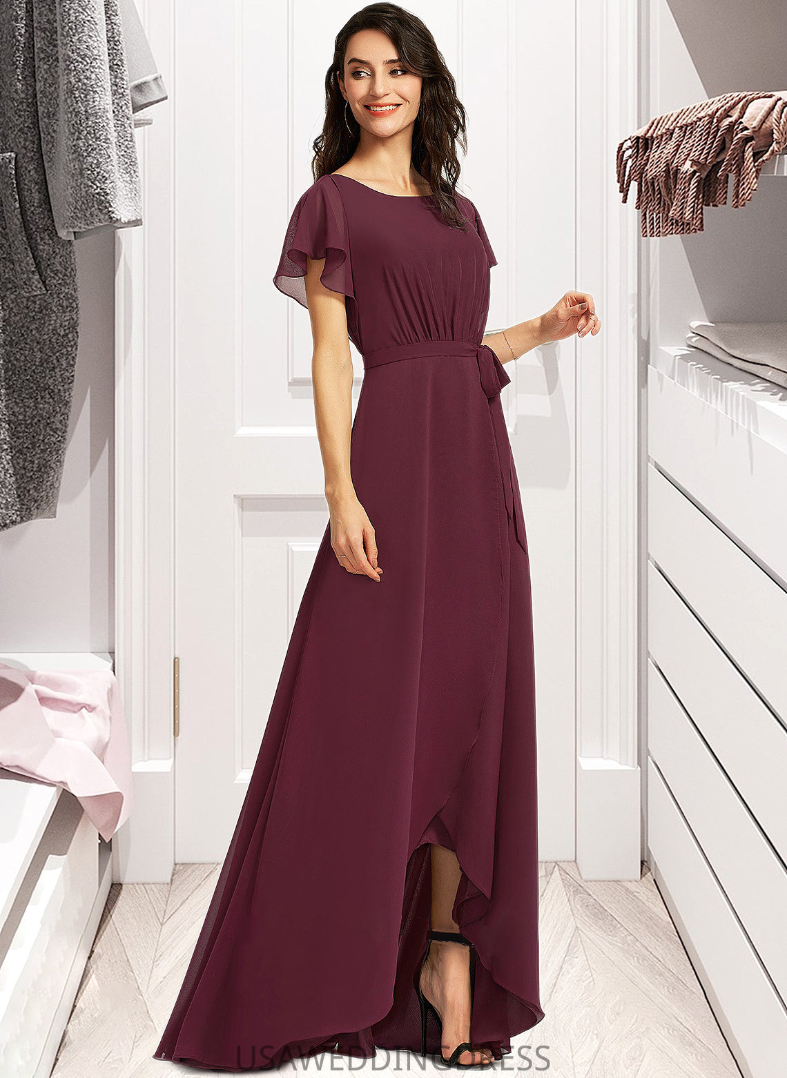 Yuliana A-Line Scoop Neck Asymmetrical Bridesmaid Dress With Ruffle DSP0012831