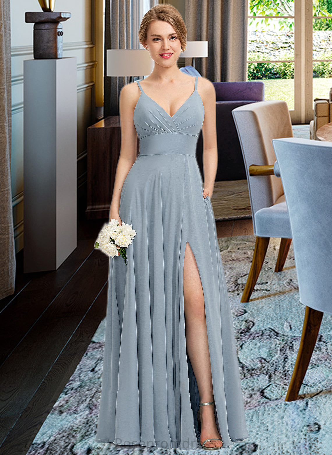 Jaelynn A-Line V-neck Floor-Length Chiffon Bridesmaid Dress With Ruffle Pockets SRSP0012834