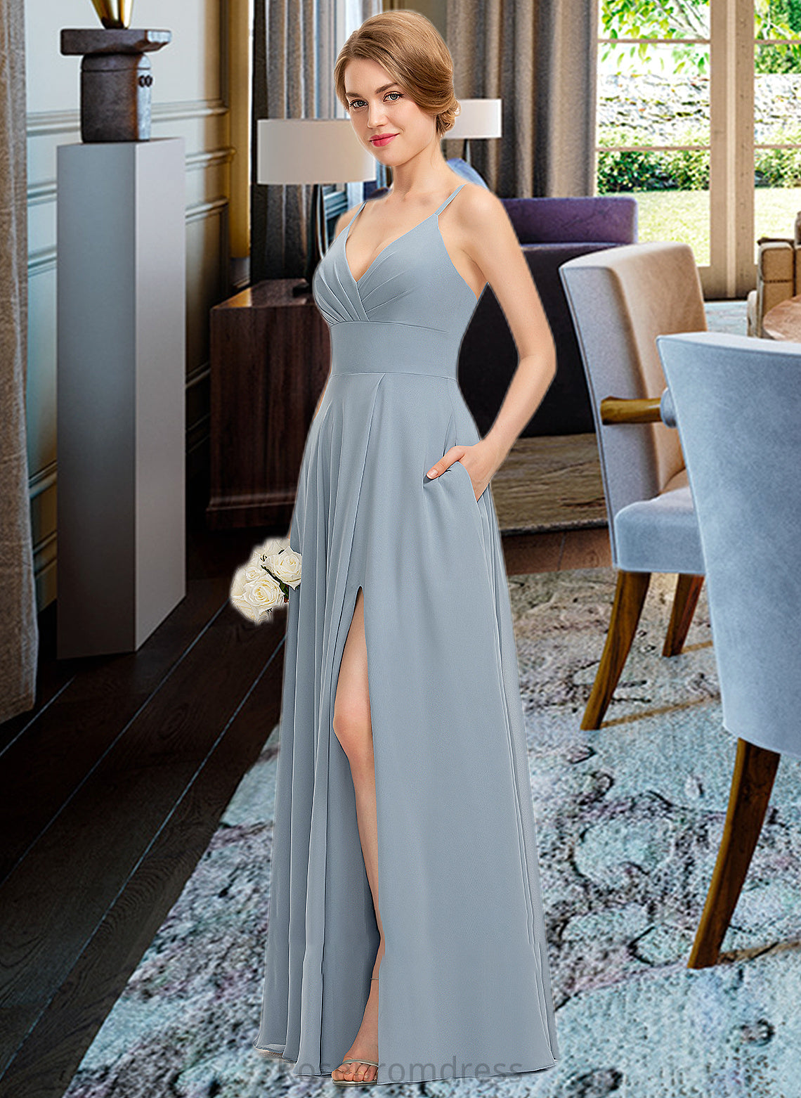 Jaelynn A-Line V-neck Floor-Length Chiffon Bridesmaid Dress With Ruffle Pockets SRSP0012834