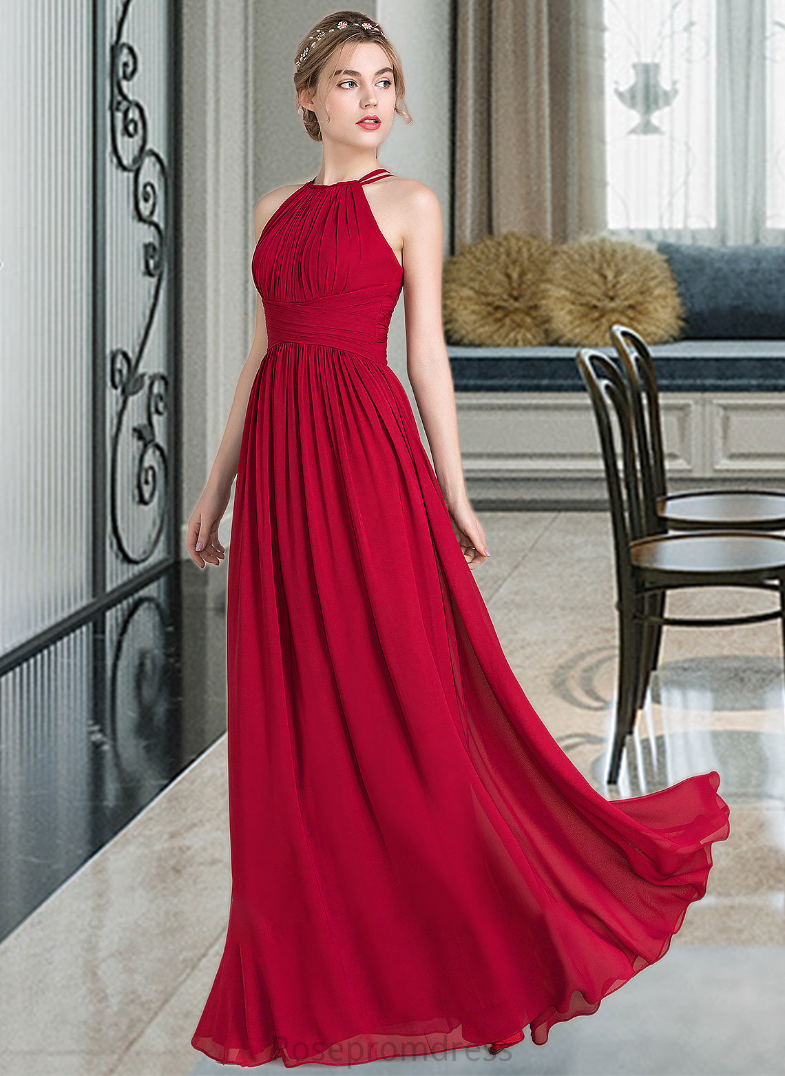Madge A-Line Scoop Neck Floor-Length Chiffon Bridesmaid Dress With Ruffle SRSP0012835