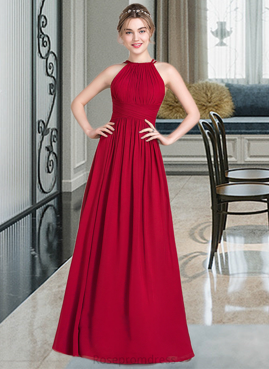 Madge A-Line Scoop Neck Floor-Length Chiffon Bridesmaid Dress With Ruffle SRSP0012835