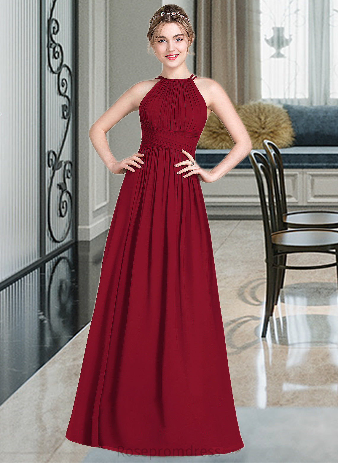 Madge A-Line Scoop Neck Floor-Length Chiffon Bridesmaid Dress With Ruffle SRSP0012835