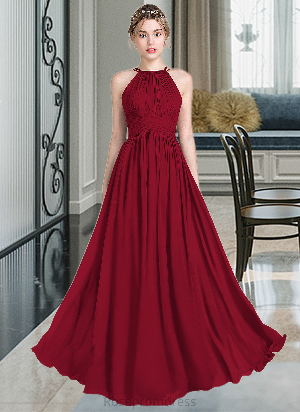 Madge A-Line Scoop Neck Floor-Length Chiffon Bridesmaid Dress With Ruffle SRSP0012835