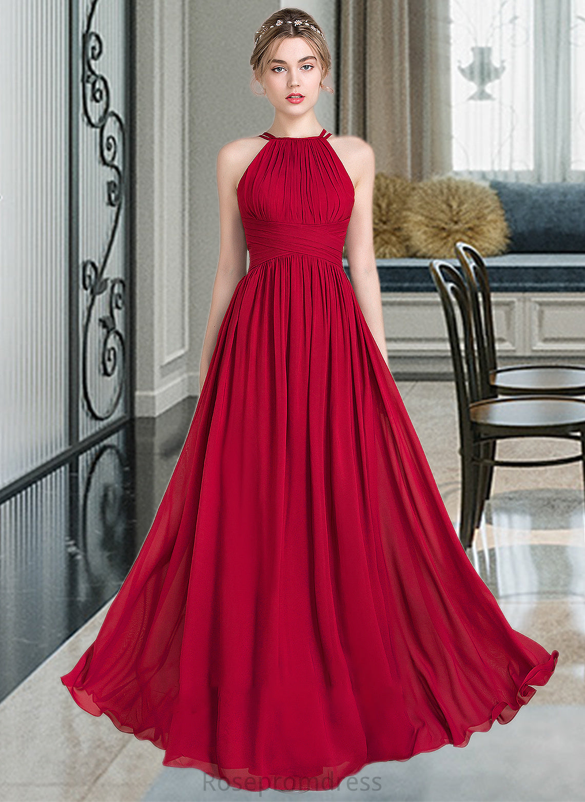 Madge A-Line Scoop Neck Floor-Length Chiffon Bridesmaid Dress With Ruffle SRSP0012835