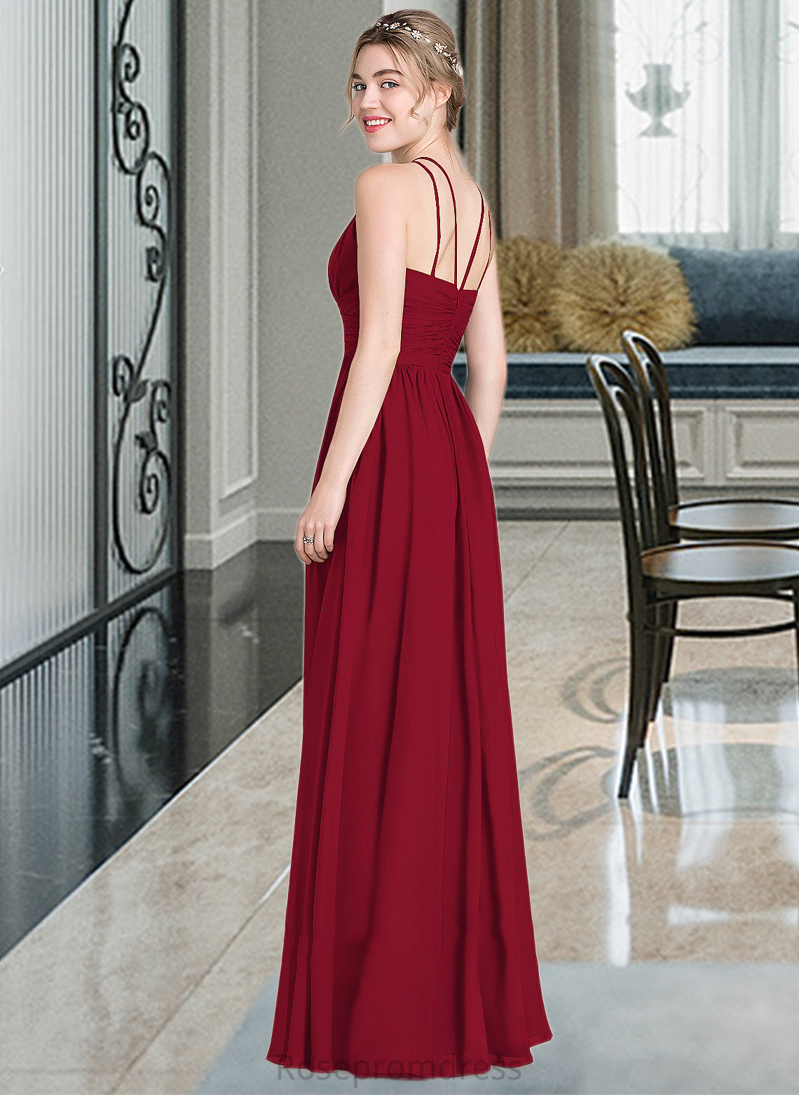 Madge A-Line Scoop Neck Floor-Length Chiffon Bridesmaid Dress With Ruffle SRSP0012835