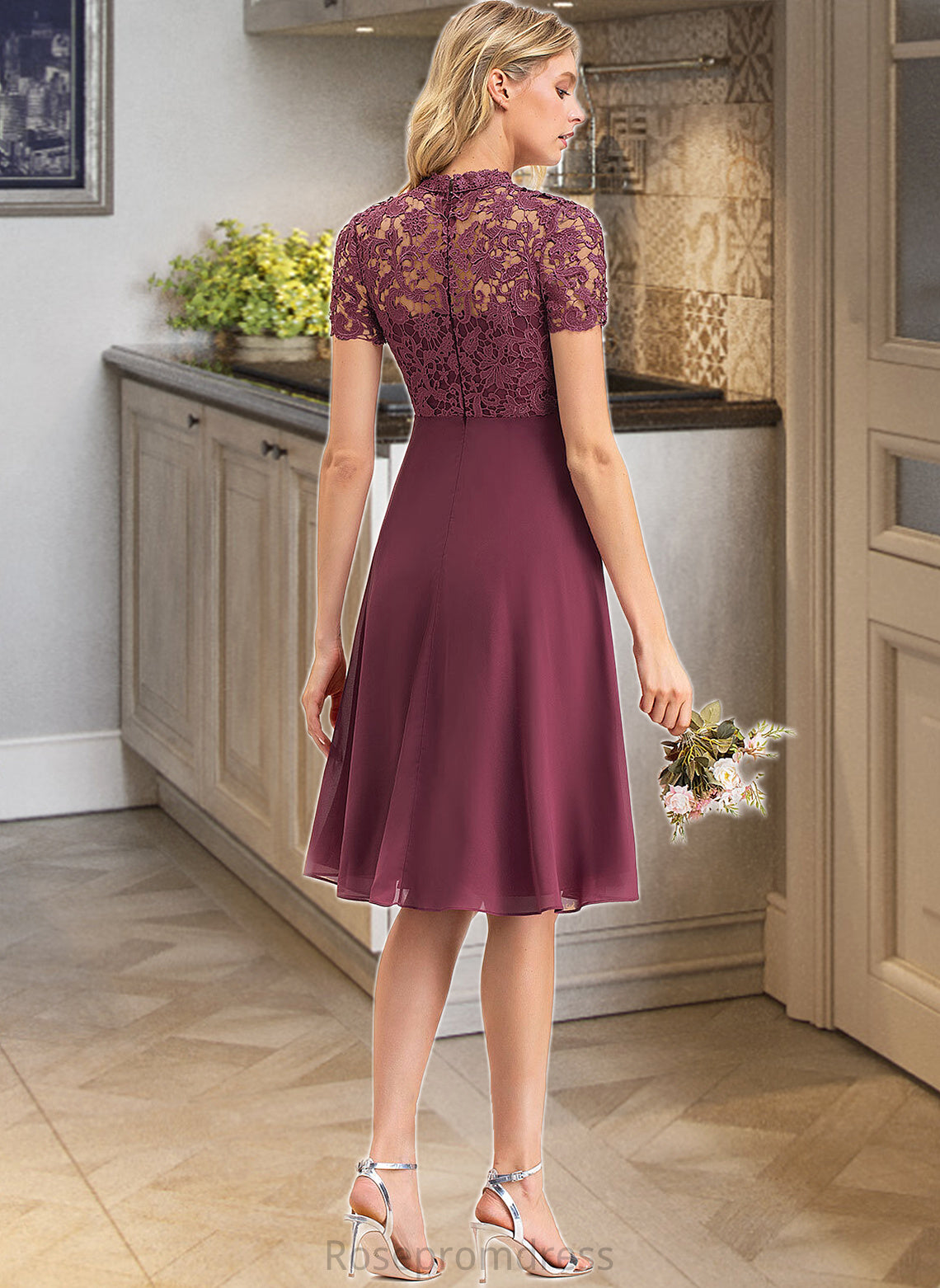 Marisol A-Line Scoop Neck Knee-Length Chiffon Lace Bridesmaid Dress SRSP0012836