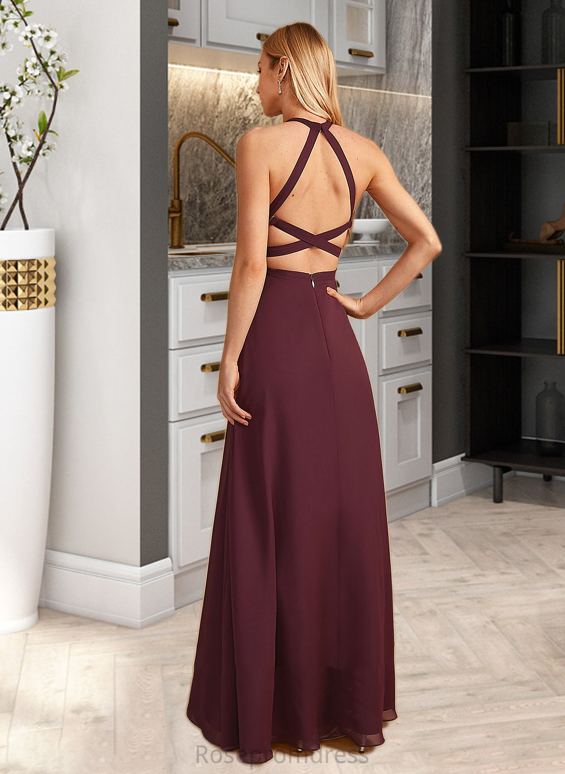 Brooke A-Line High Neck Floor-Length Bridesmaid Dress With Split Front SRSP0012838