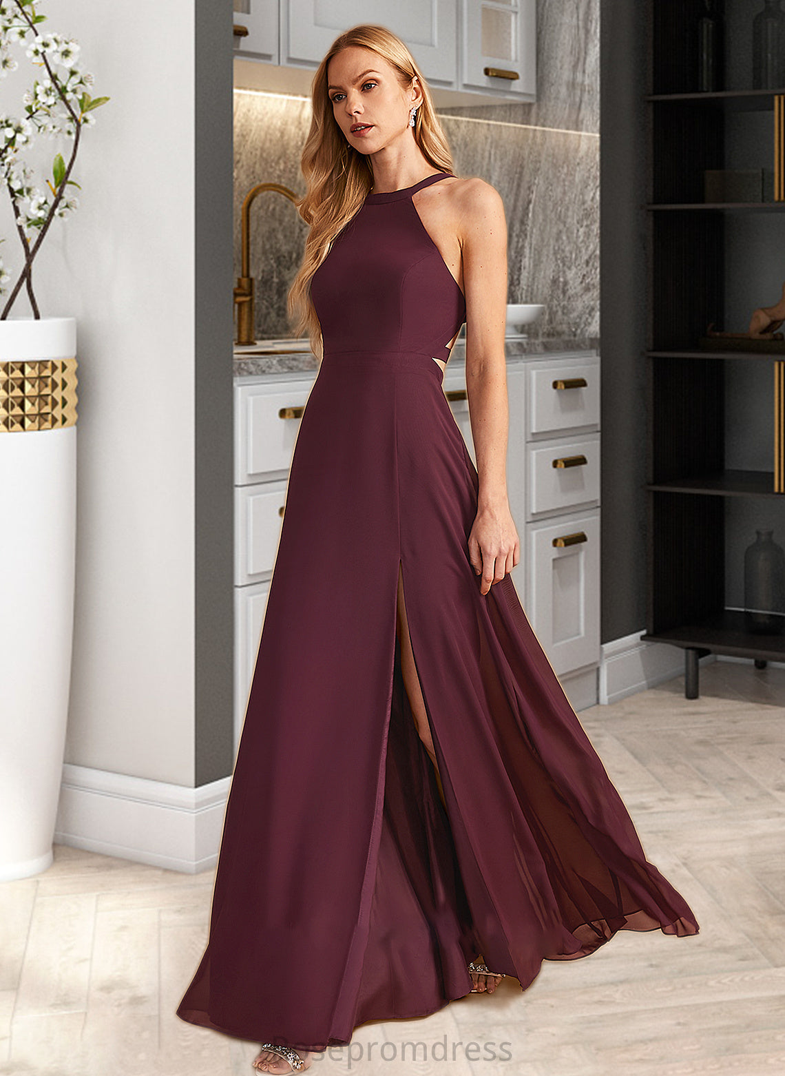 Brooke A-Line High Neck Floor-Length Bridesmaid Dress With Split Front SRSP0012838