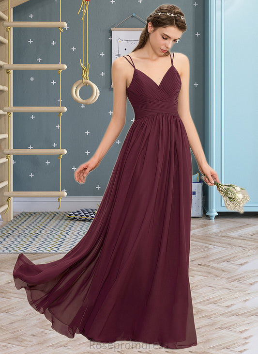 Brielle A-line V-Neck Floor-Length Chiffon Lace Bridesmaid Dress With Ruffle SRSP0012839