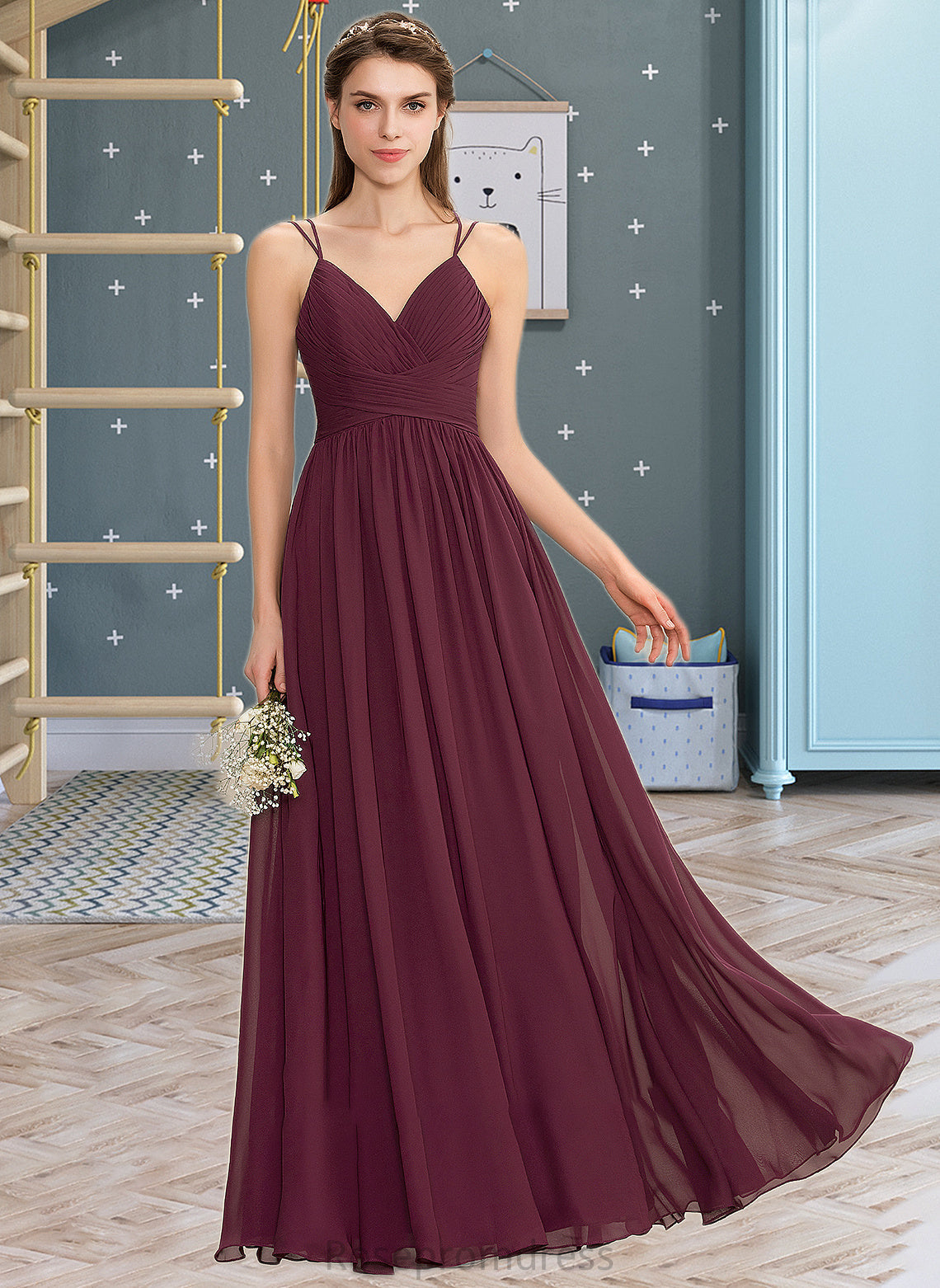 Brielle A-line V-Neck Floor-Length Chiffon Lace Bridesmaid Dress With Ruffle SRSP0012839