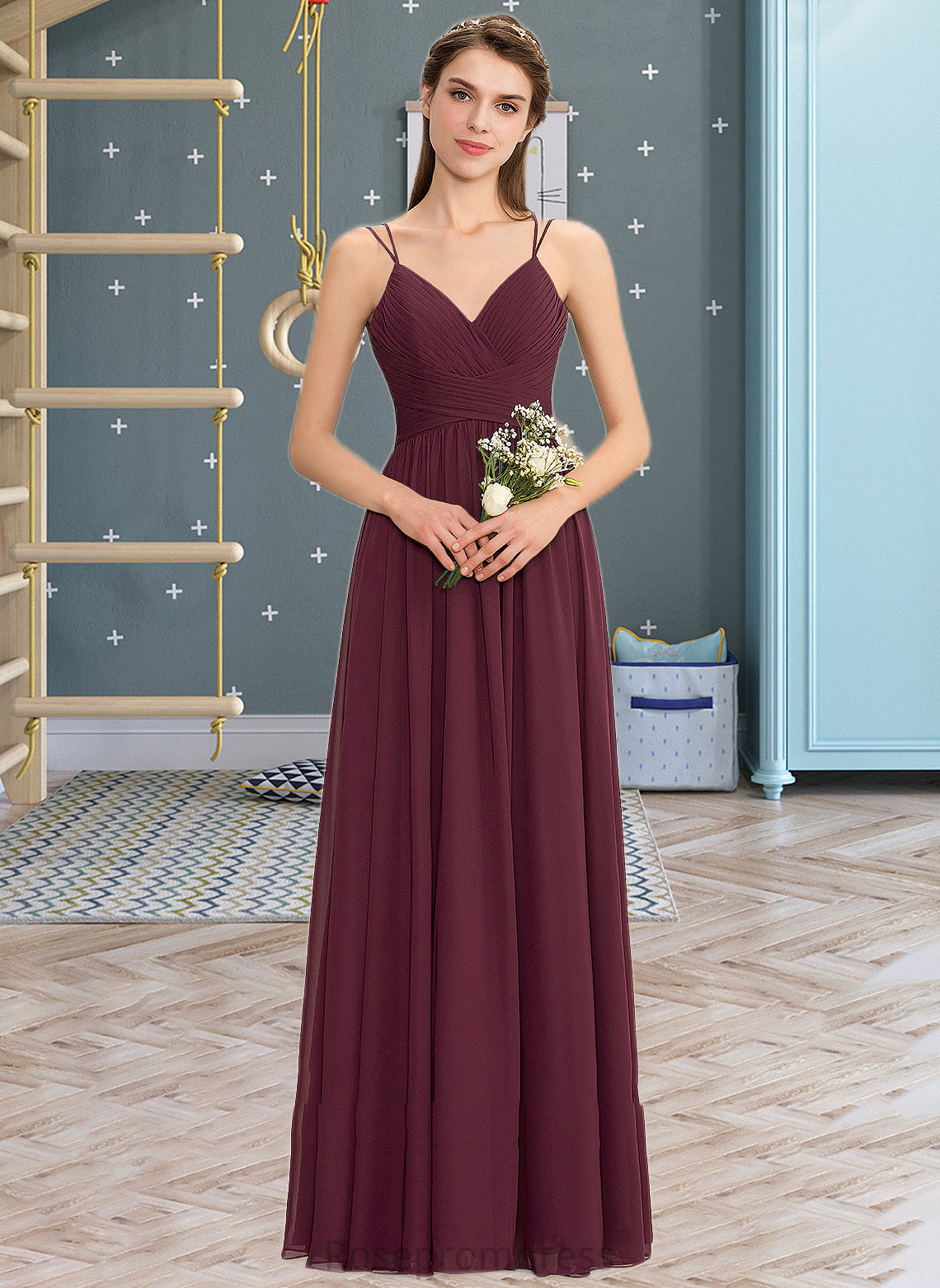 Brielle A-line V-Neck Floor-Length Chiffon Lace Bridesmaid Dress With Ruffle SRSP0012839