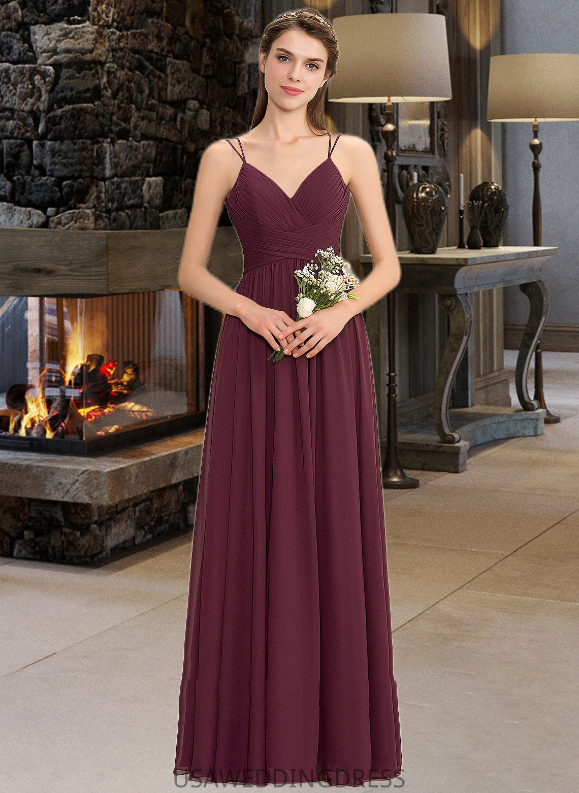 Aubree A-line V-Neck Floor-Length Chiffon Lace Bridesmaid Dress With Ruffle DSP0012839