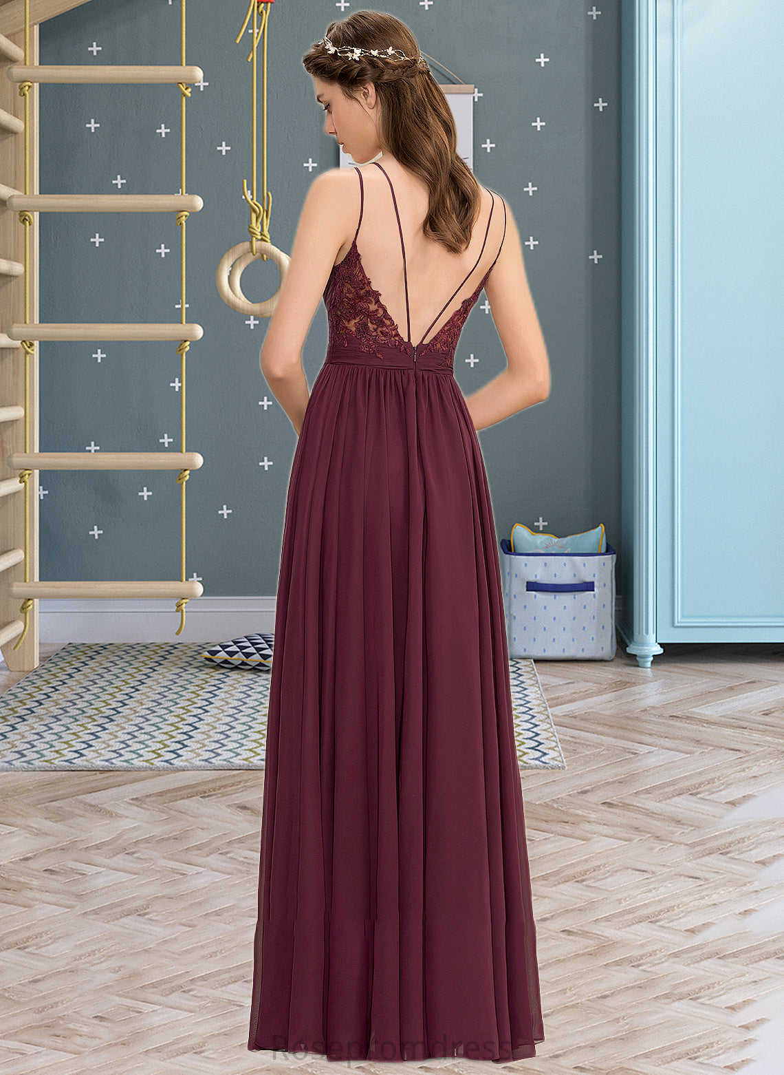 Brielle A-line V-Neck Floor-Length Chiffon Lace Bridesmaid Dress With Ruffle SRSP0012839