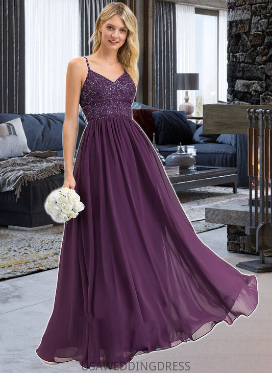 Martina A-line V-Neck Floor-Length Chiffon Lace Bridesmaid Dress With Beading Sequins DSP0012840