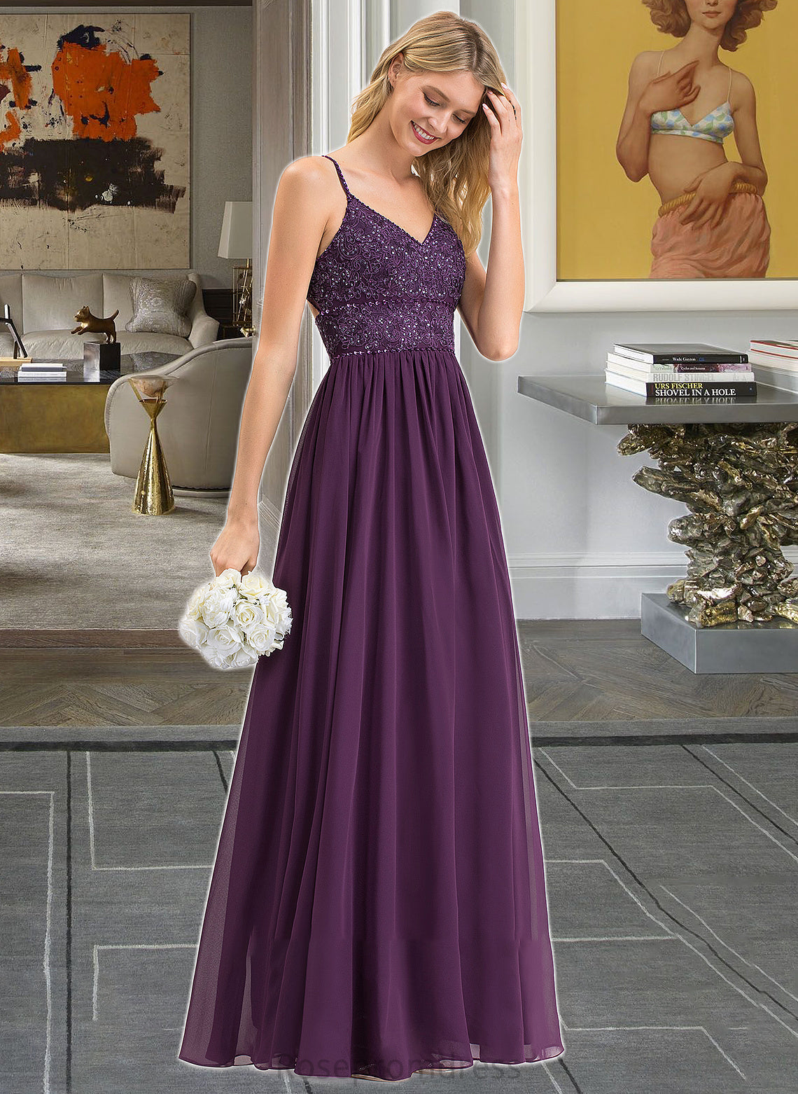 Livia A-line V-Neck Floor-Length Chiffon Lace Bridesmaid Dress With Beading Sequins SRSP0012840