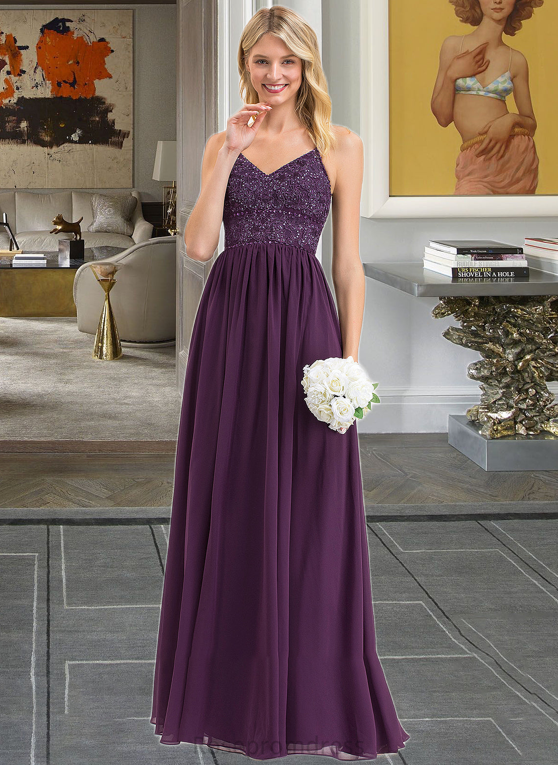 Livia A-line V-Neck Floor-Length Chiffon Lace Bridesmaid Dress With Beading Sequins SRSP0012840