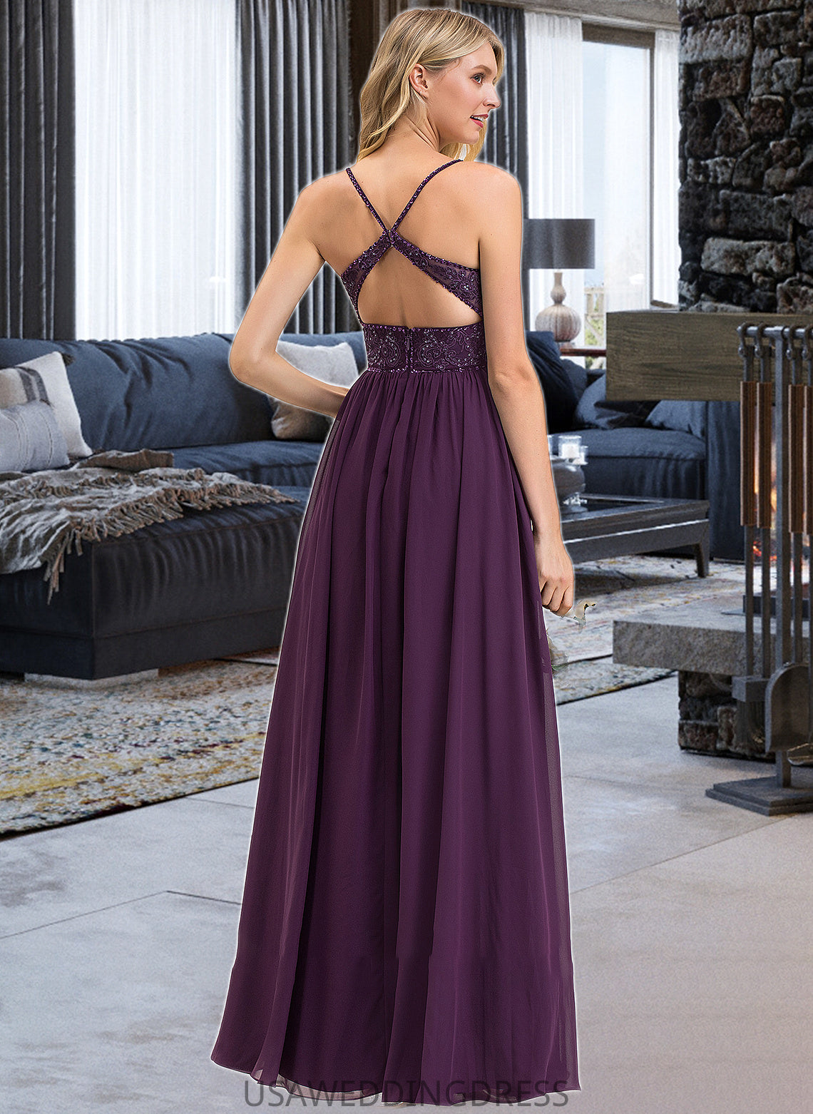 Martina A-line V-Neck Floor-Length Chiffon Lace Bridesmaid Dress With Beading Sequins DSP0012840