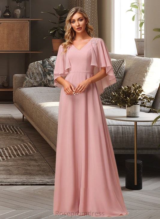 Janessa A-Line V-neck Floor-Length Bridesmaid Dress With Lace SRSP0012842