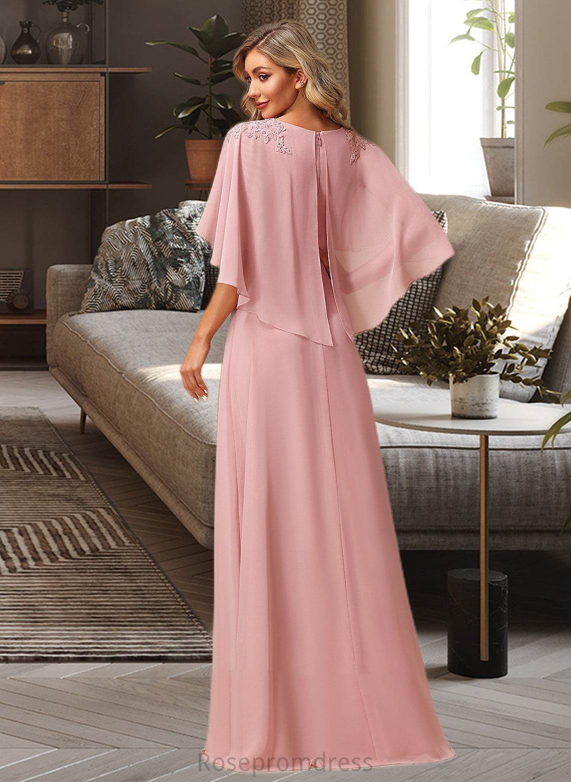 Janessa A-Line V-neck Floor-Length Bridesmaid Dress With Lace SRSP0012842