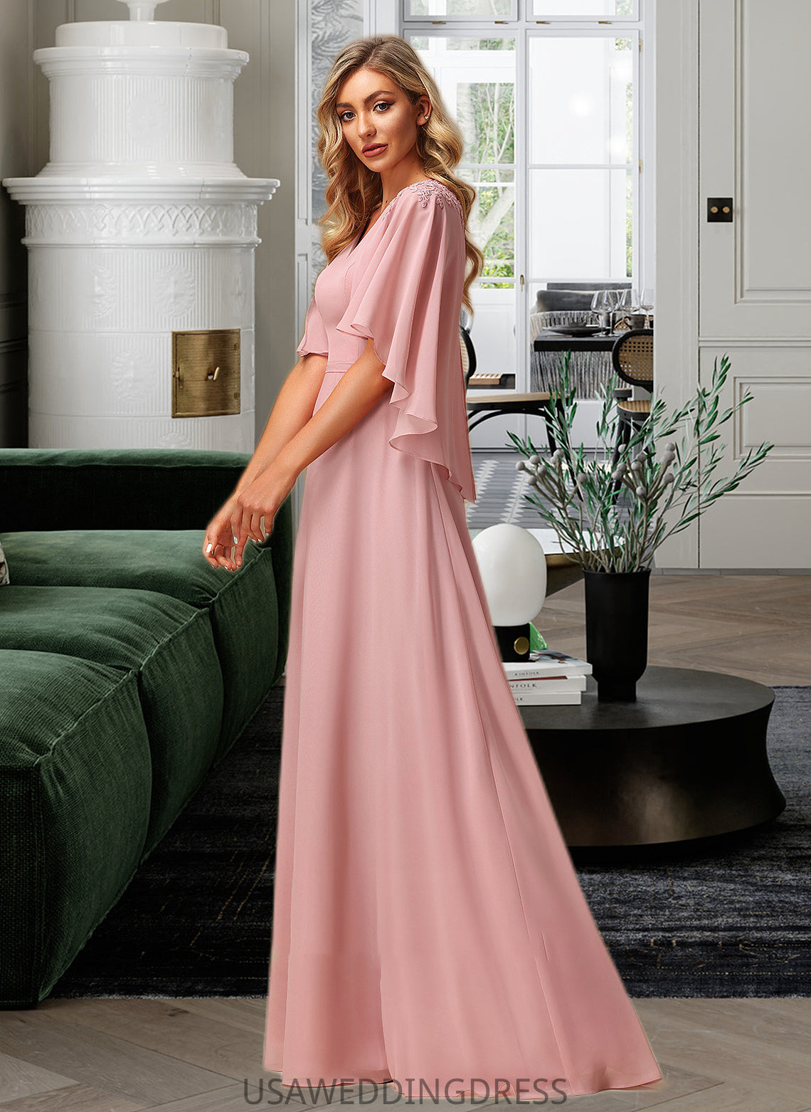 Moriah A-Line V-neck Floor-Length Bridesmaid Dress With Lace DSP0012842