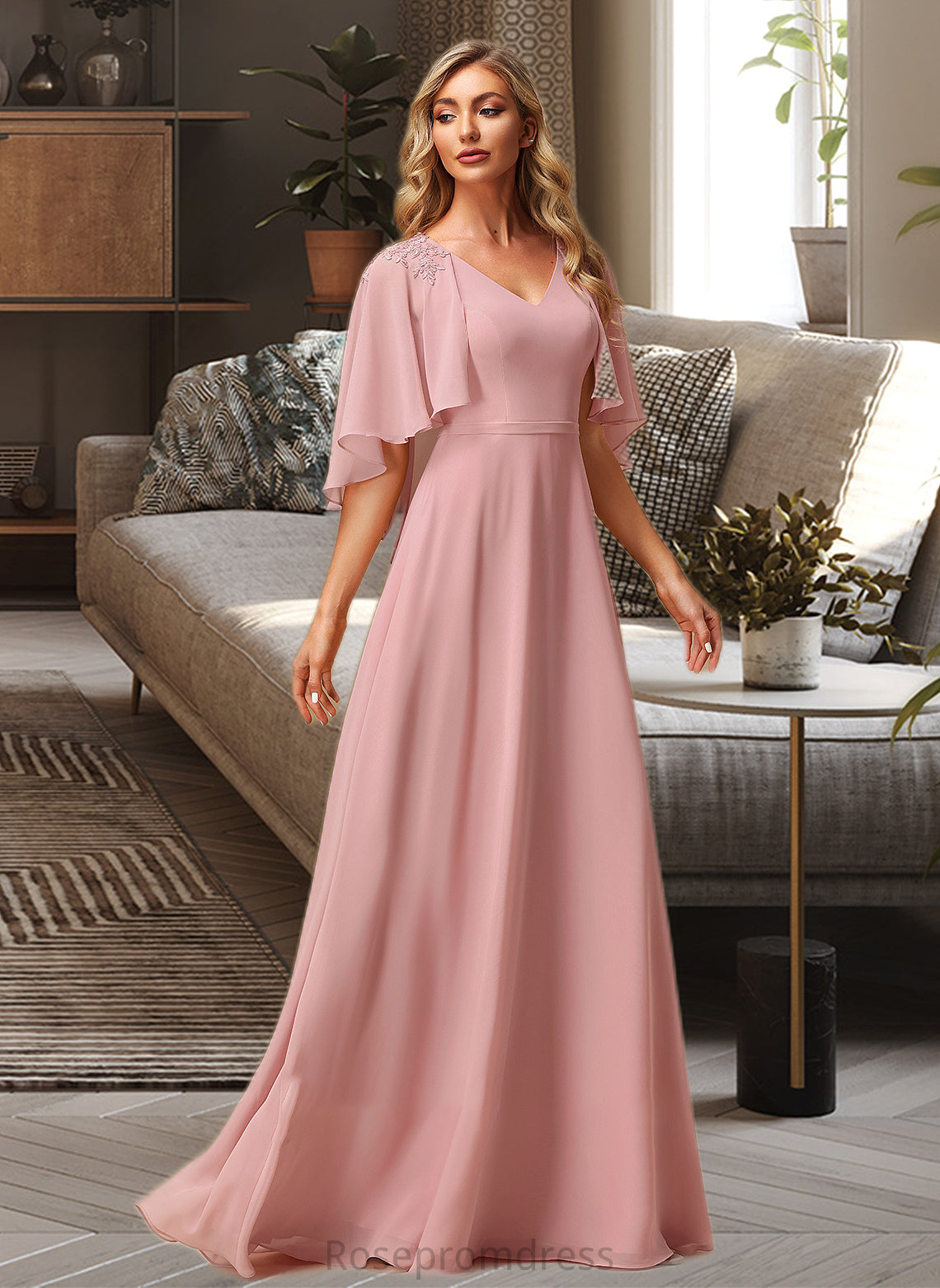 Janessa A-Line V-neck Floor-Length Bridesmaid Dress With Lace SRSP0012842