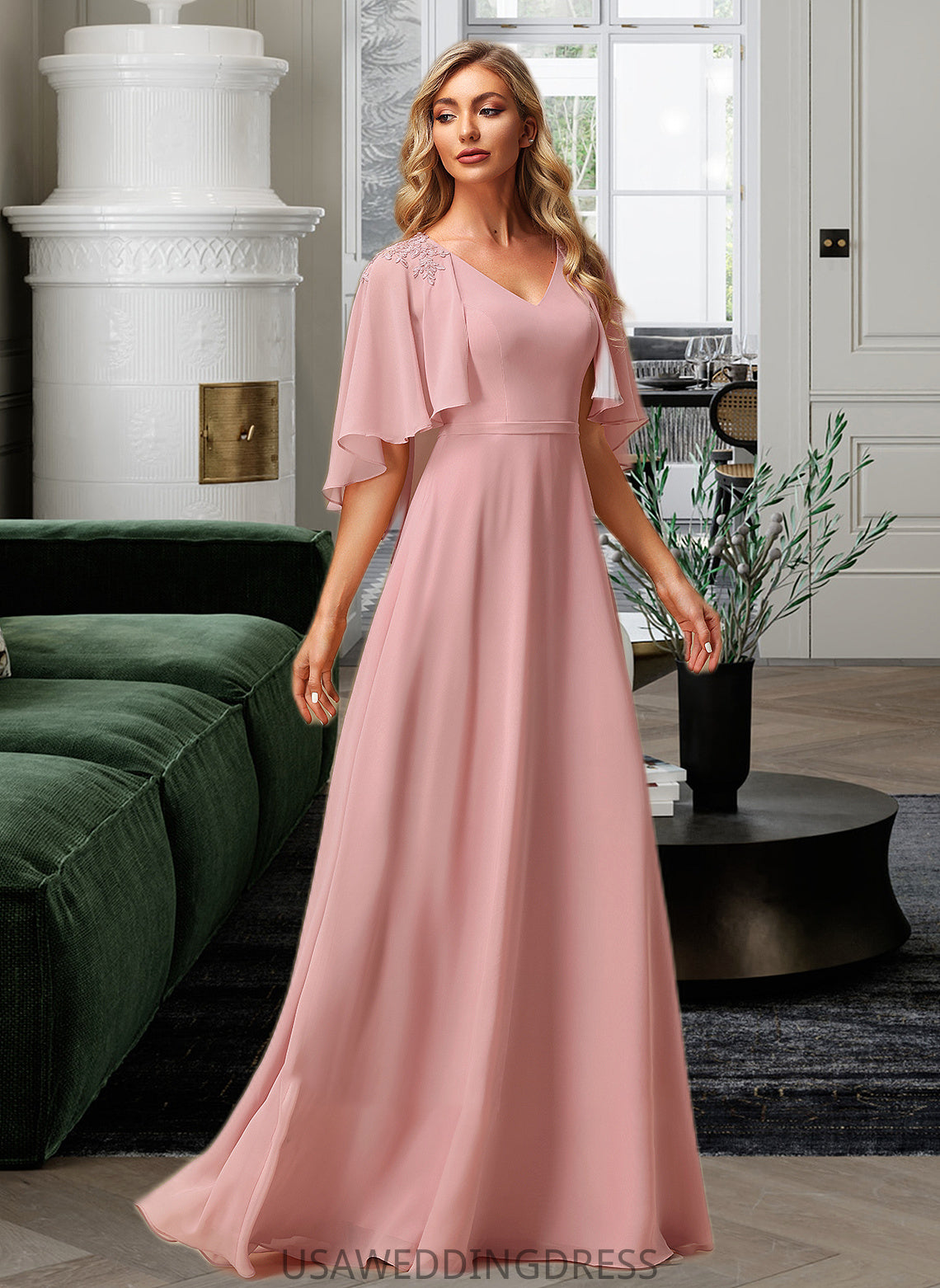 Moriah A-Line V-neck Floor-Length Bridesmaid Dress With Lace DSP0012842