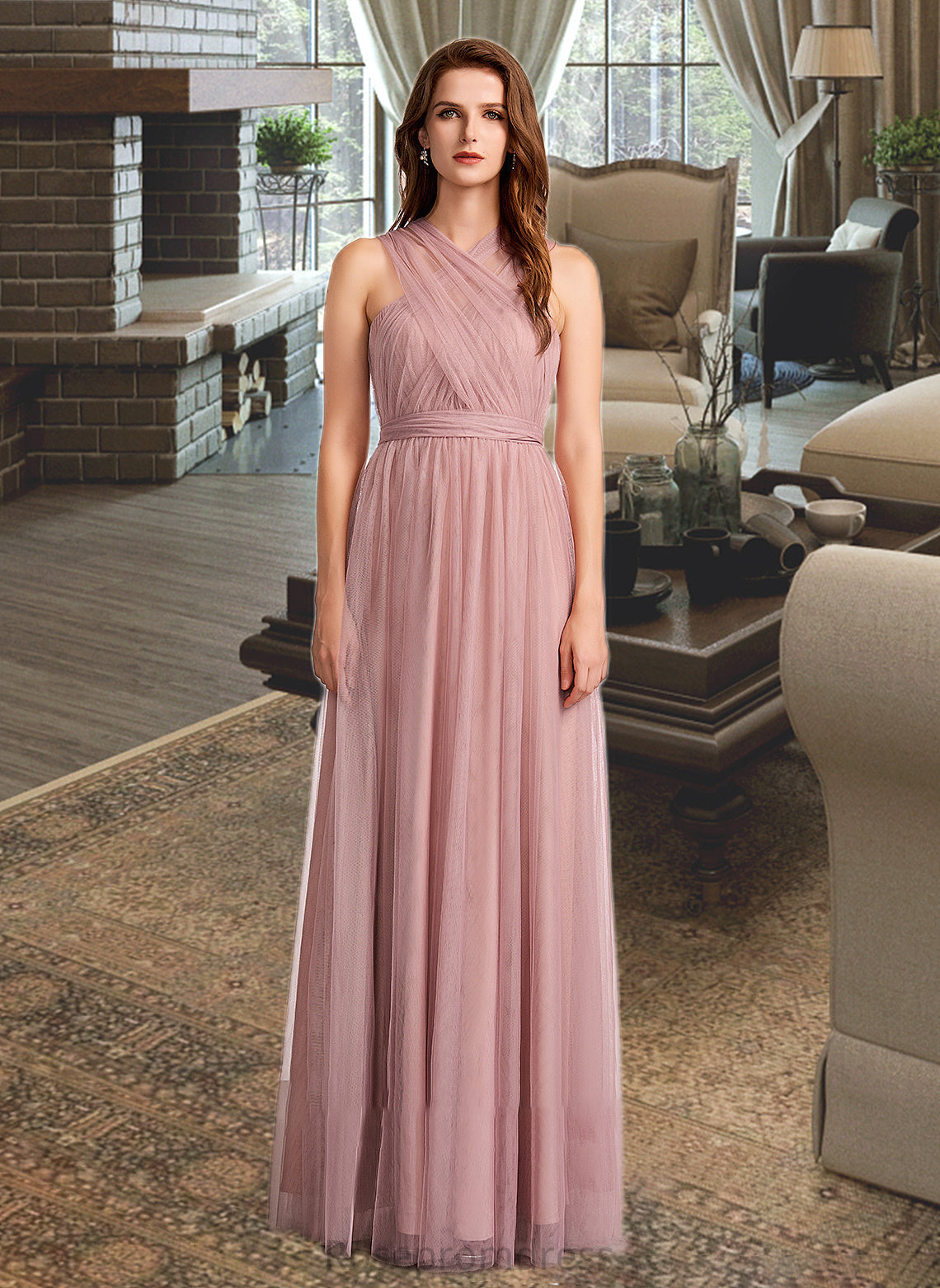 Zoie A-Line One-Shoulder V-neck Off-the-Shoulder Floor-Length Bridesmaid Dress SRSP0012843