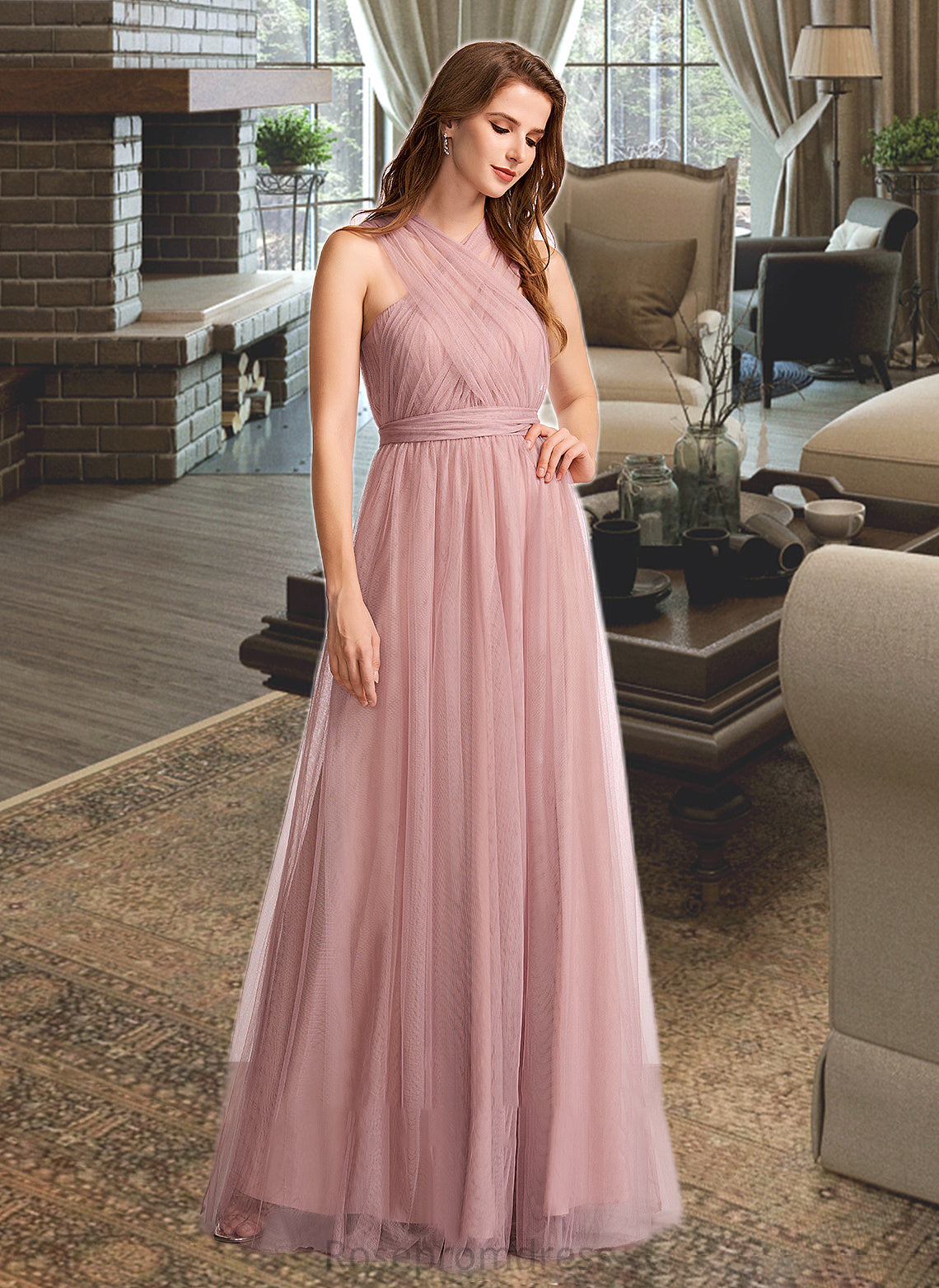 Zoie A-Line One-Shoulder V-neck Off-the-Shoulder Floor-Length Bridesmaid Dress SRSP0012843
