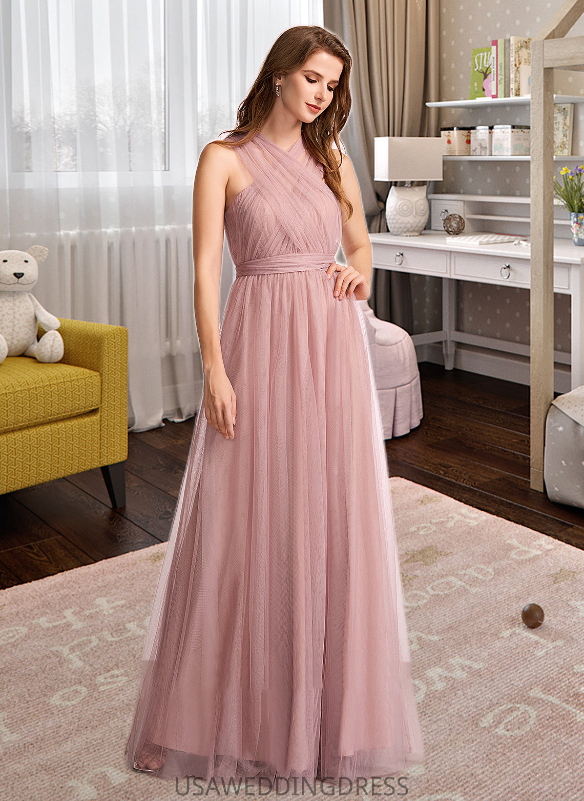 Tatiana A-Line One-Shoulder V-neck Off-the-Shoulder Floor-Length Bridesmaid Dress DSP0012843