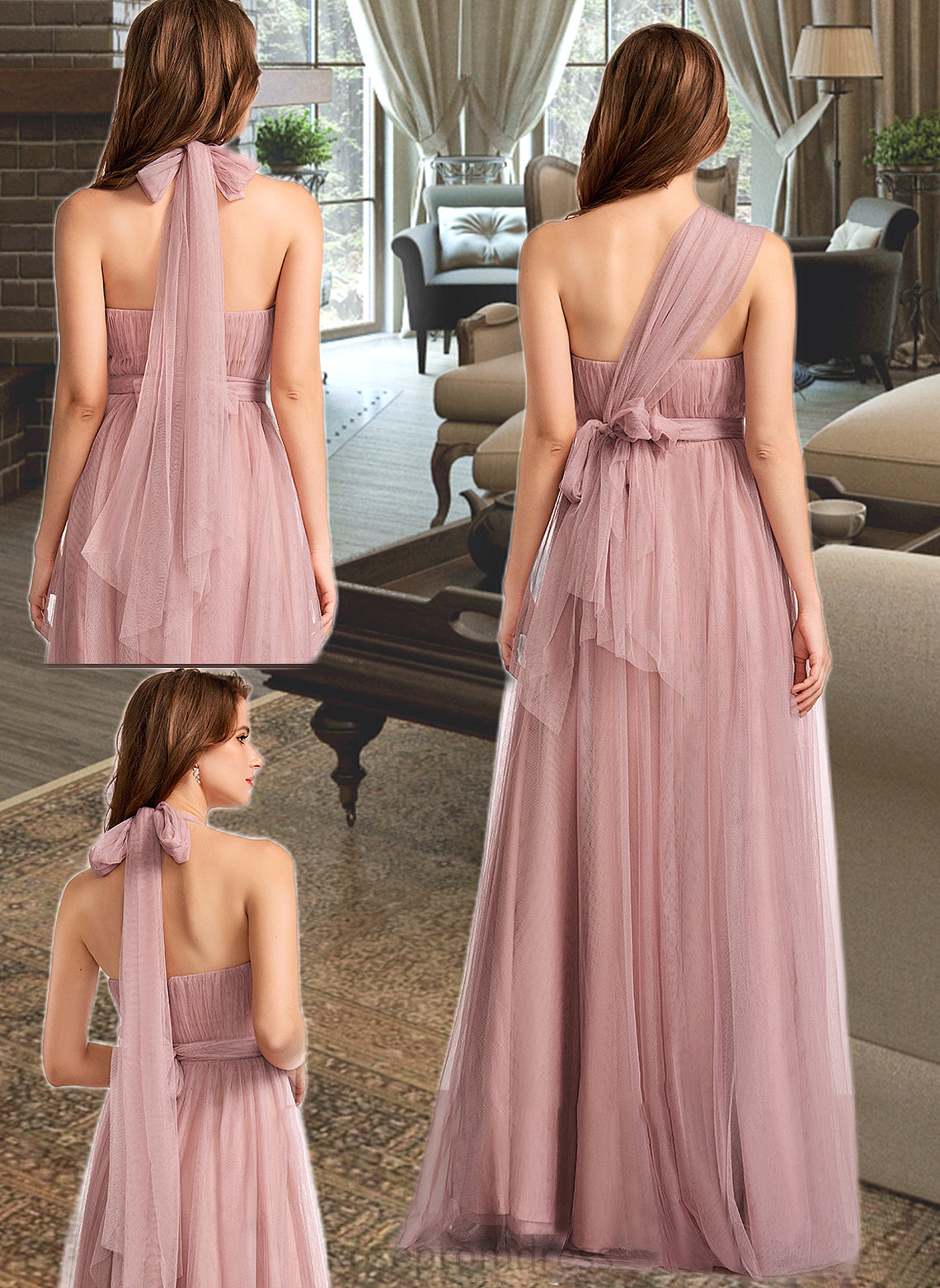 Zoie A-Line One-Shoulder V-neck Off-the-Shoulder Floor-Length Bridesmaid Dress SRSP0012843