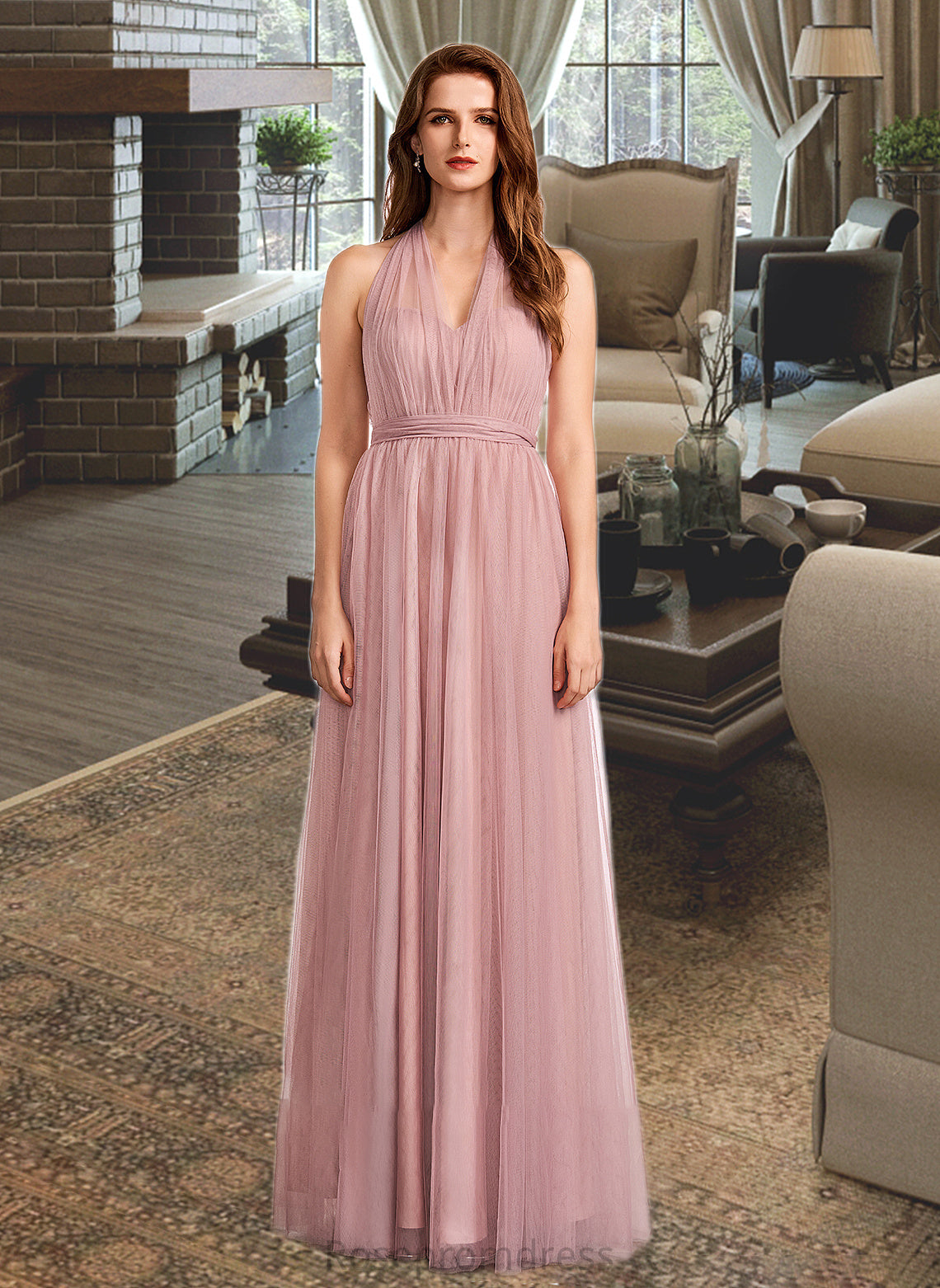Zoie A-Line One-Shoulder V-neck Off-the-Shoulder Floor-Length Bridesmaid Dress SRSP0012843