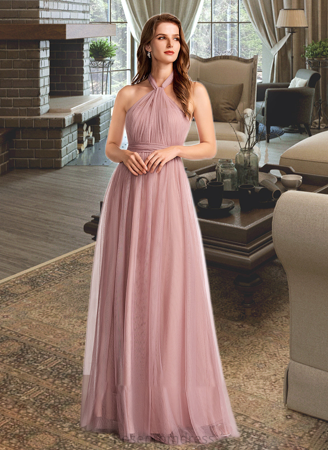 Zoie A-Line One-Shoulder V-neck Off-the-Shoulder Floor-Length Bridesmaid Dress SRSP0012843