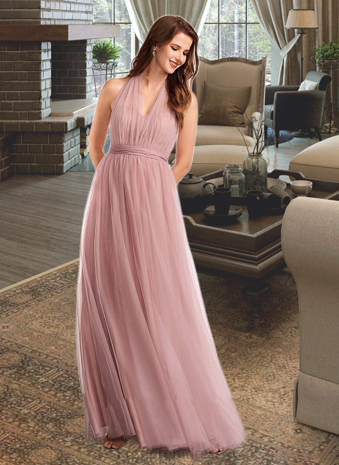 Zoie A-Line One-Shoulder V-neck Off-the-Shoulder Floor-Length Bridesmaid Dress SRSP0012843