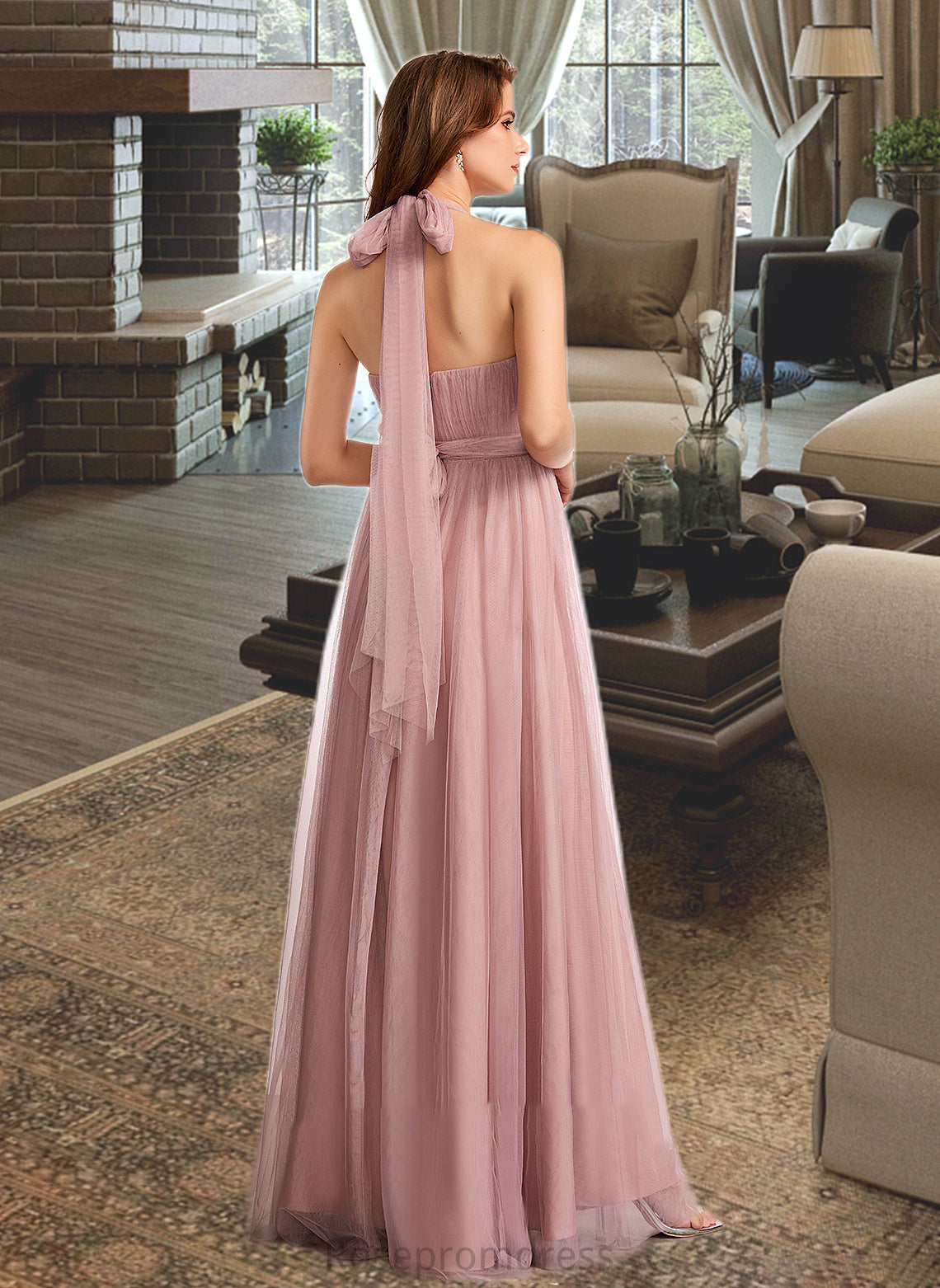 Zoie A-Line One-Shoulder V-neck Off-the-Shoulder Floor-Length Bridesmaid Dress SRSP0012843