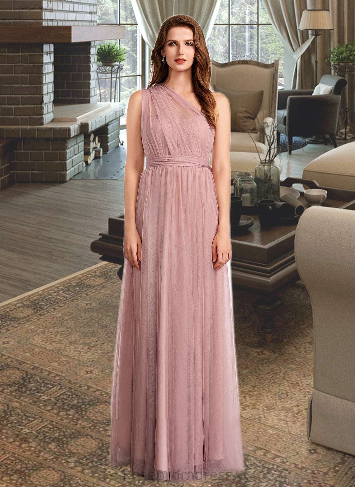 Zoie A-Line One-Shoulder V-neck Off-the-Shoulder Floor-Length Bridesmaid Dress SRSP0012843