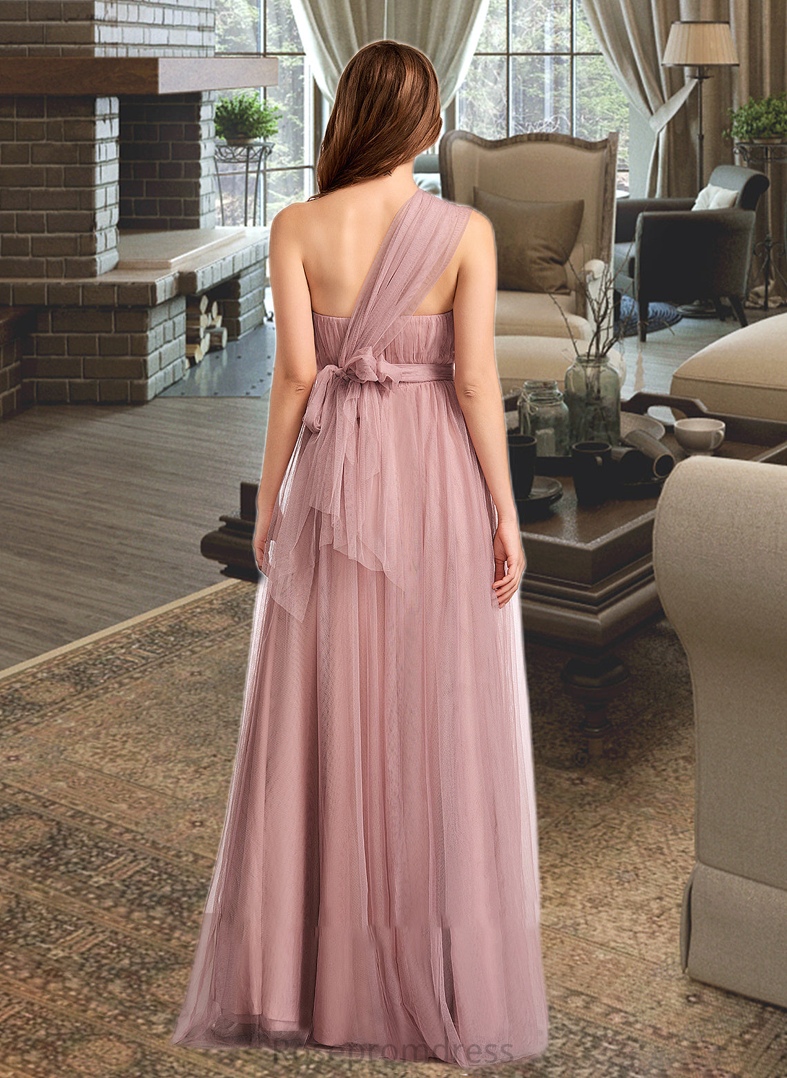 Zoie A-Line One-Shoulder V-neck Off-the-Shoulder Floor-Length Bridesmaid Dress SRSP0012843