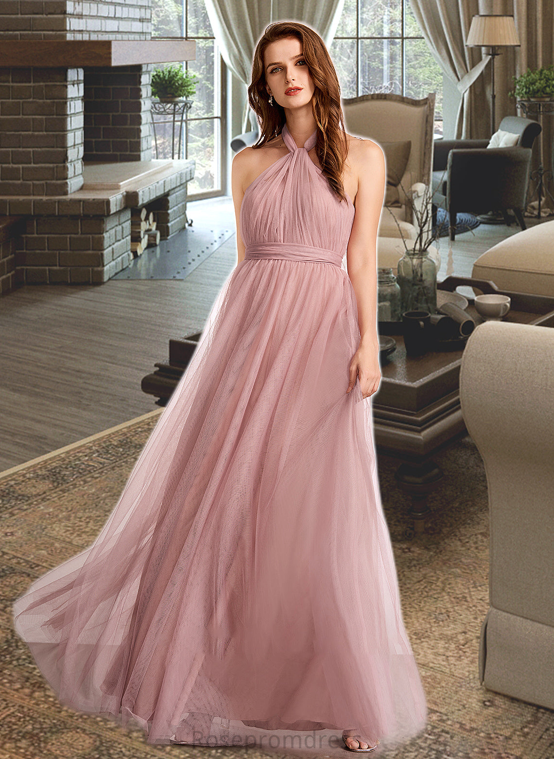 Zoie A-Line One-Shoulder V-neck Off-the-Shoulder Floor-Length Bridesmaid Dress SRSP0012843