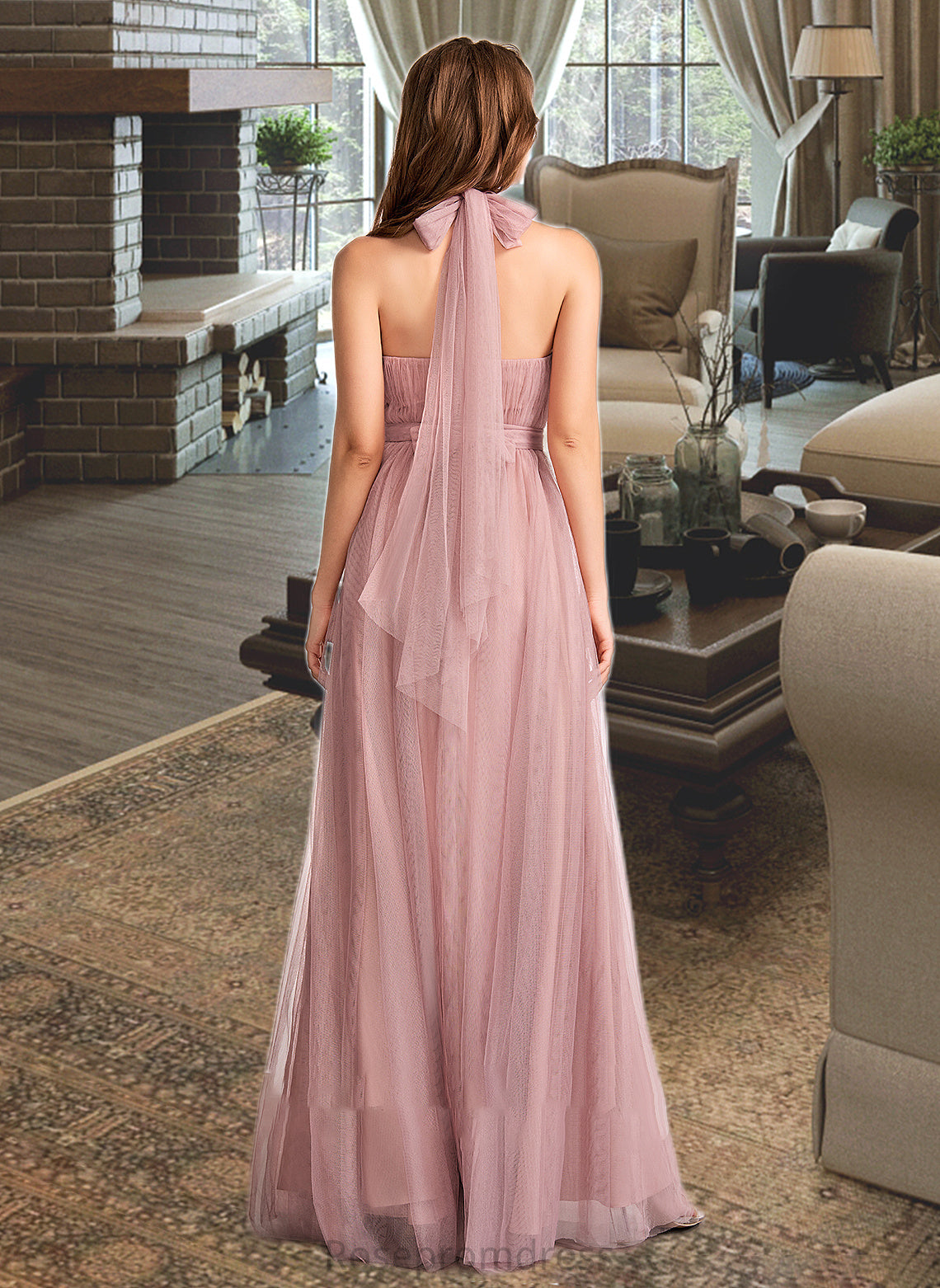 Zoie A-Line One-Shoulder V-neck Off-the-Shoulder Floor-Length Bridesmaid Dress SRSP0012843