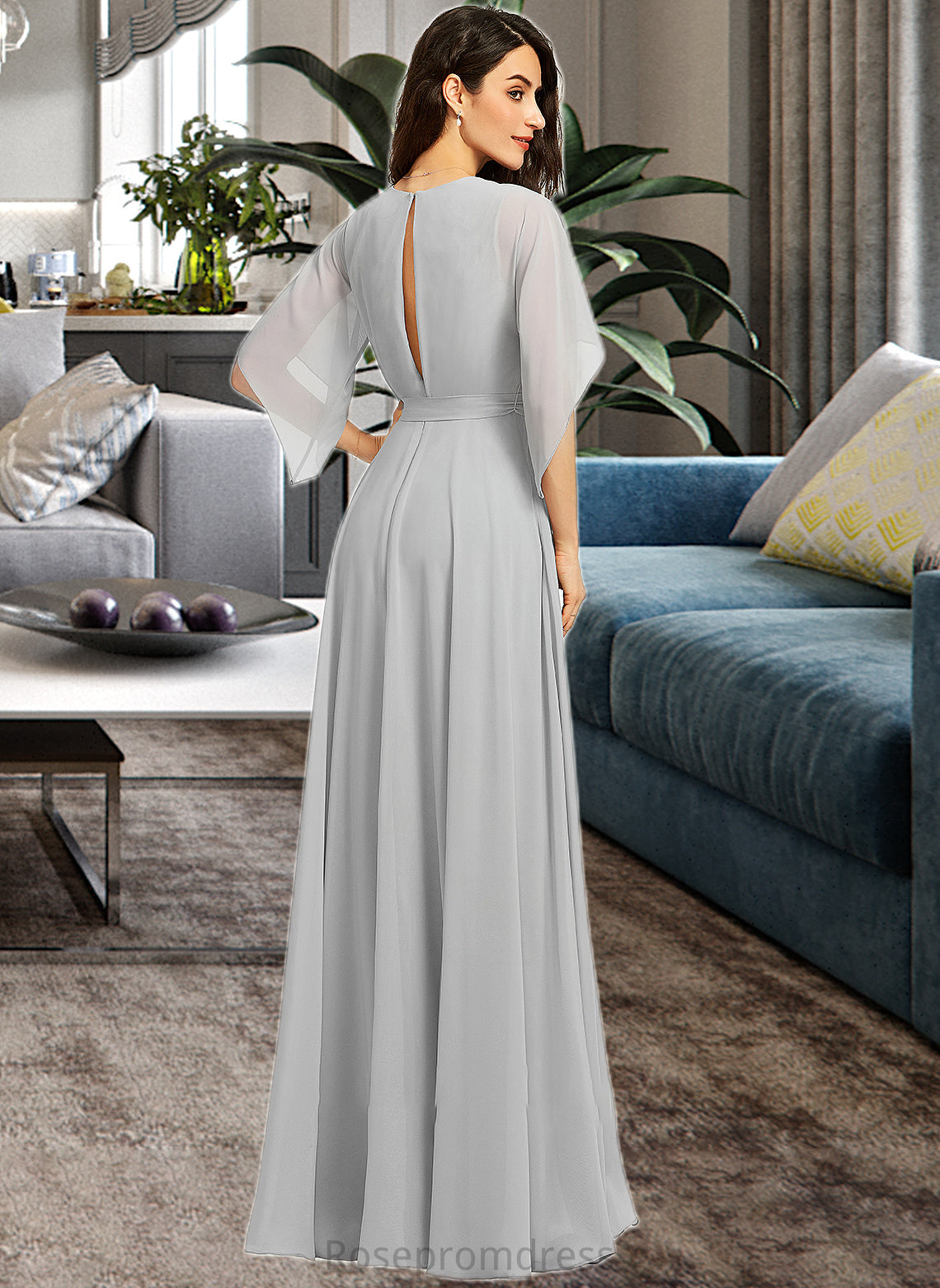 Everleigh A-Line V-neck Floor-Length Bridesmaid Dress With Ruffle Split Front SRSP0012844